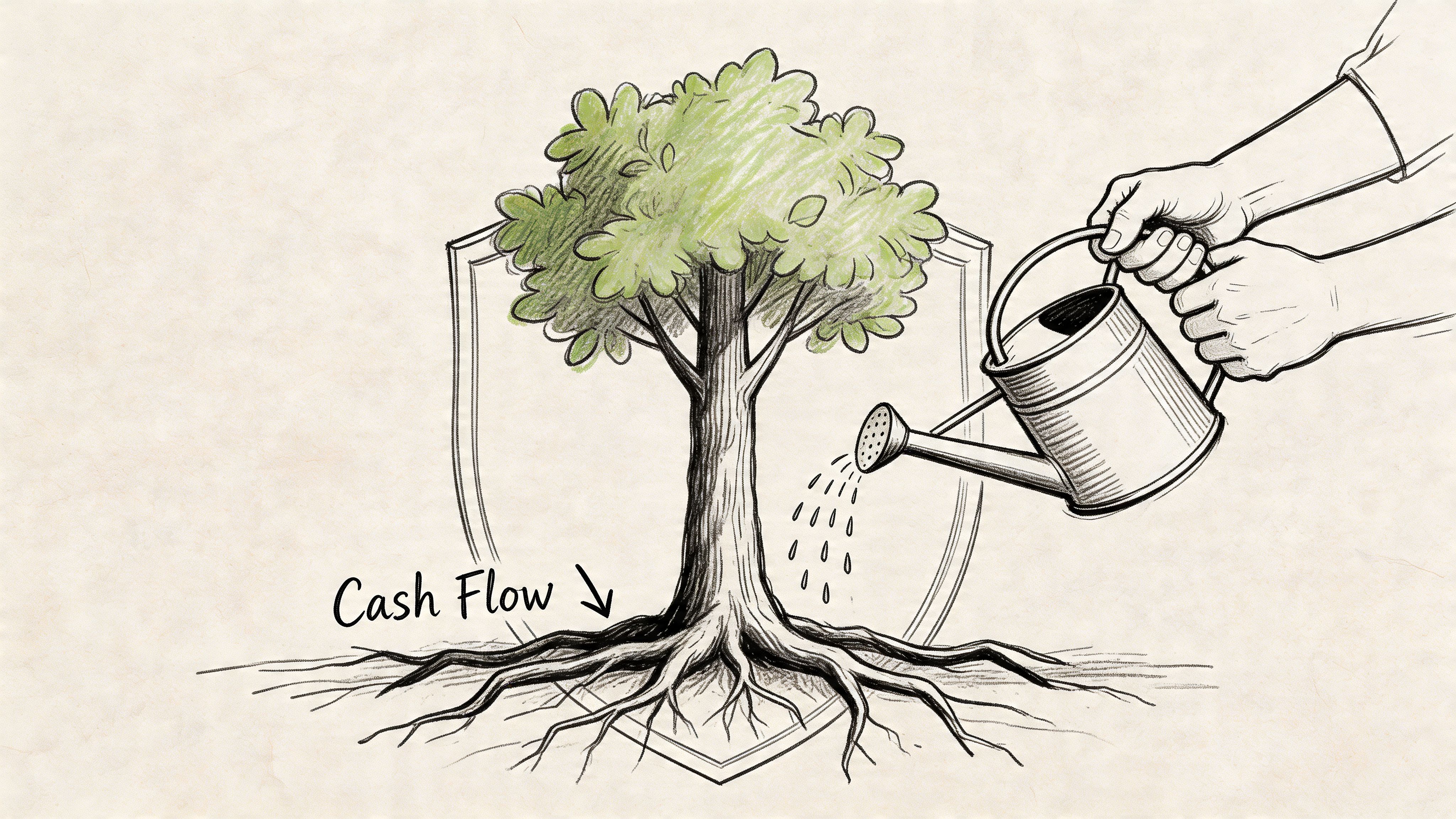 A hand waters a growing tree protected by a shield with the words Cash Flow written below.