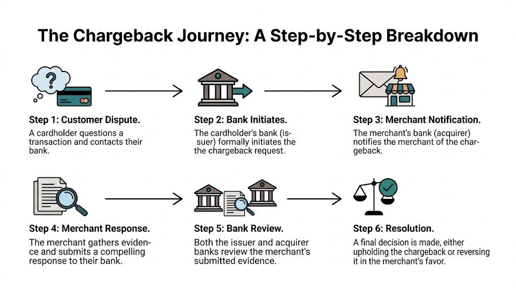 A six-step infographic explaining the process of how a credit card chargeback journey works from start to finish.