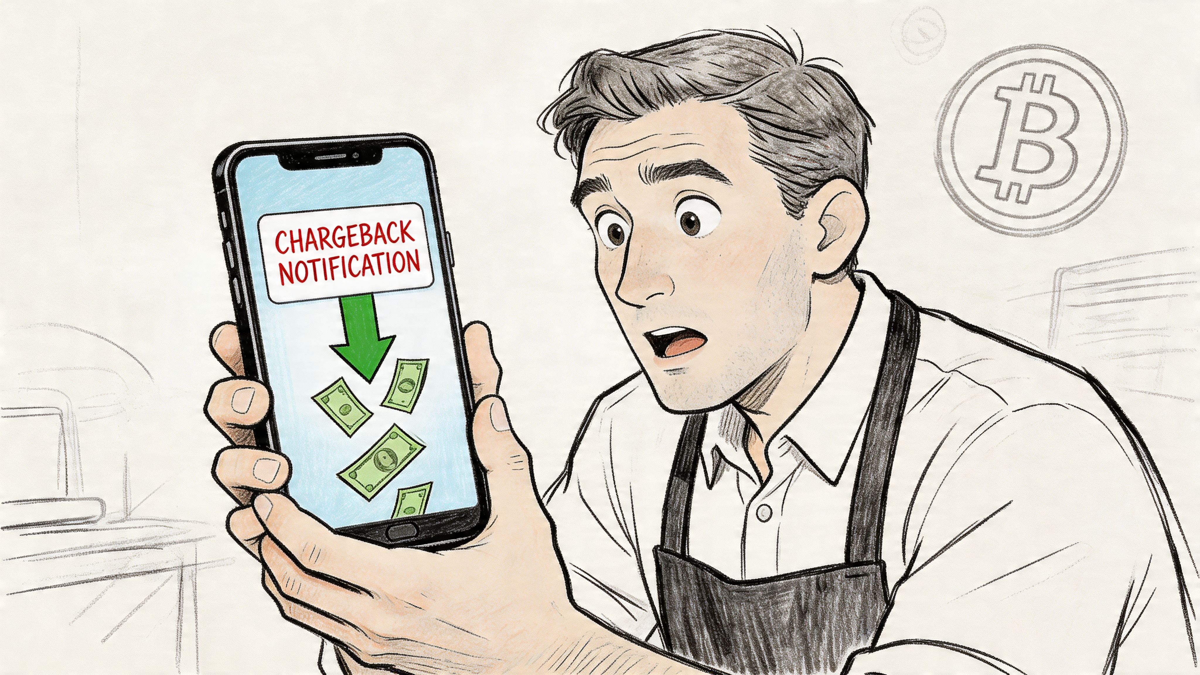 A shocked restaurant worker holding a smartphone displaying a chargeback notification with money flying away.