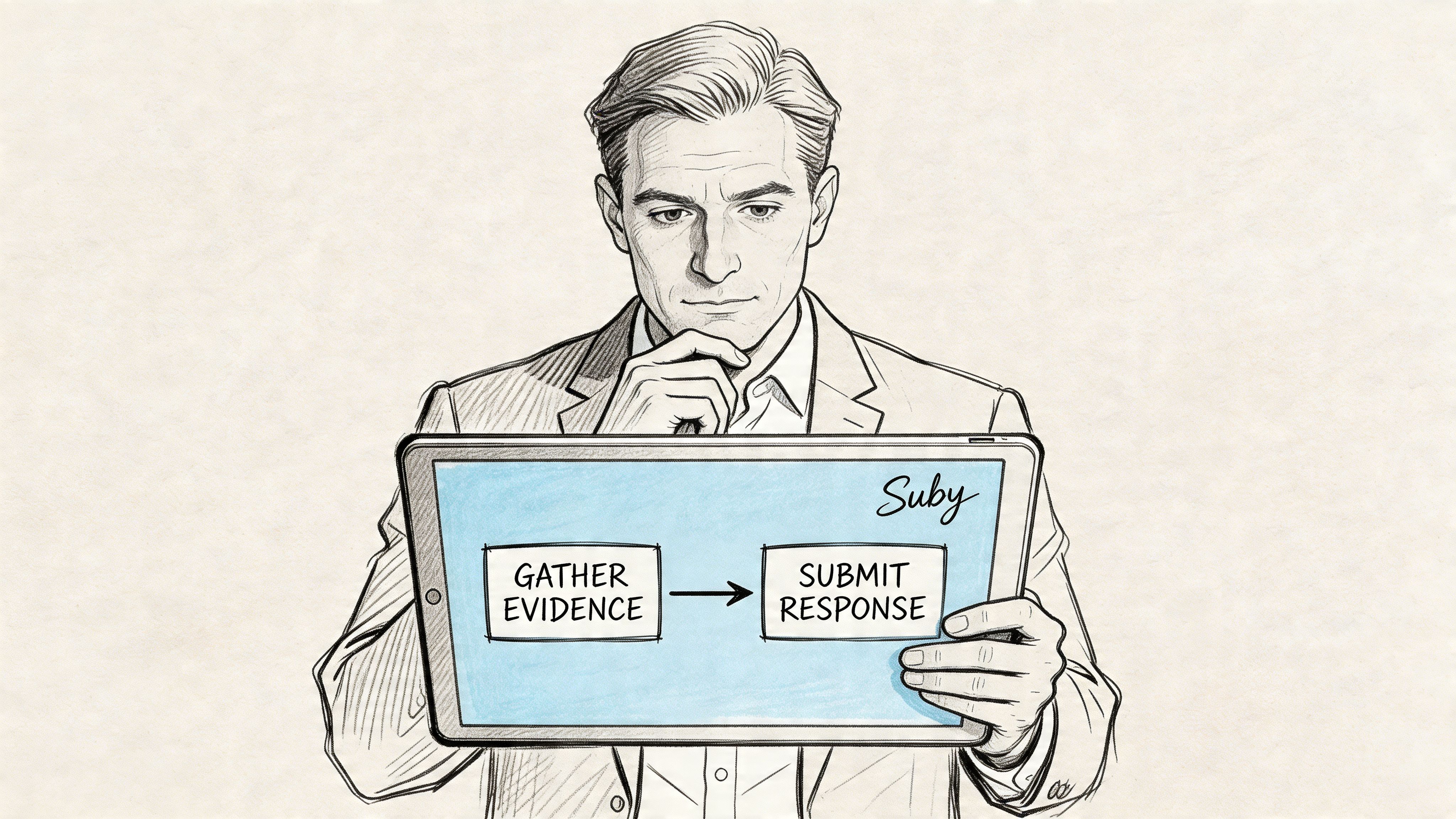 A professional man holding a tablet displaying a flow chart process from gathering evidence to submitting response.