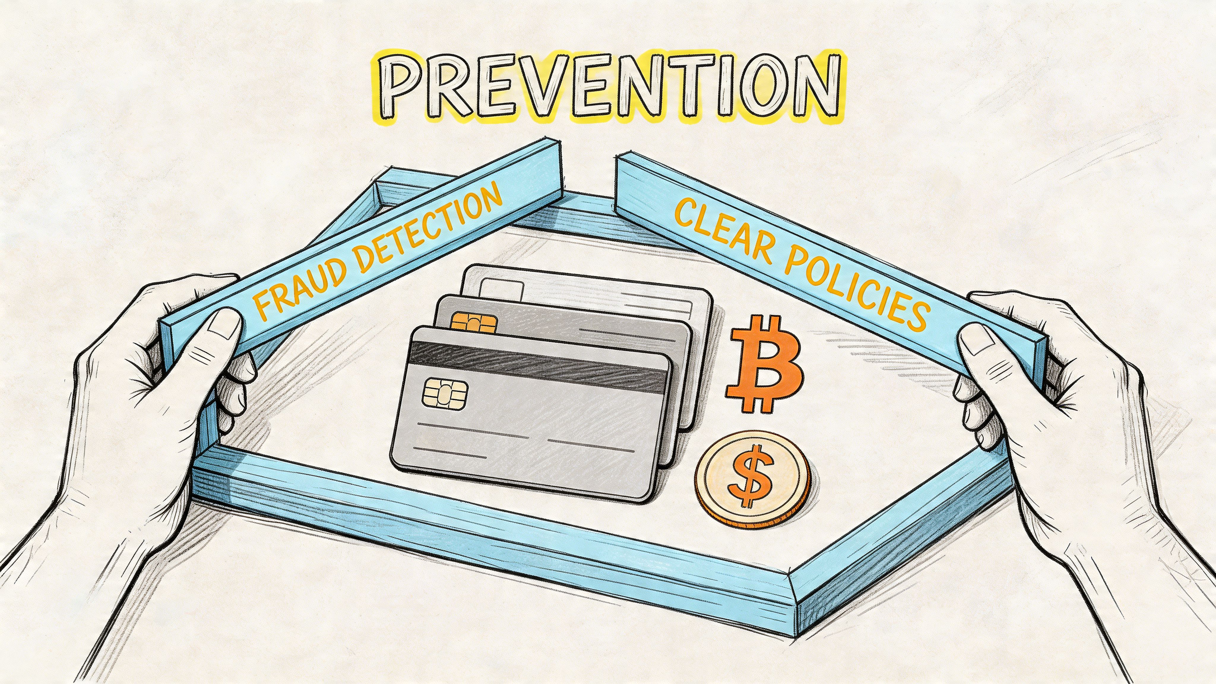 A conceptual illustration showing two hands holding a frame with Fraud Detection and Clear Policies text.