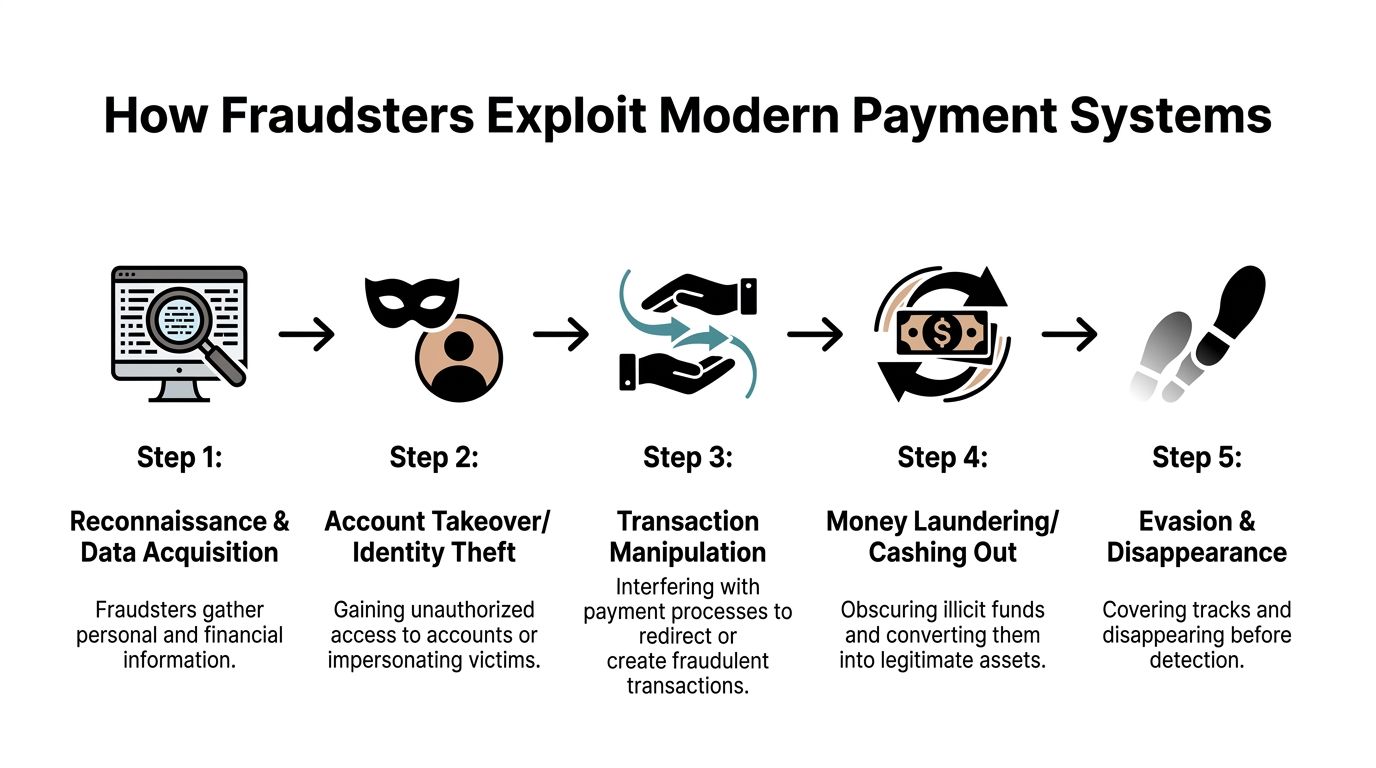 A five-step infographic showing how cybercriminals exploit modern payment systems through fraud, theft, and money laundering.