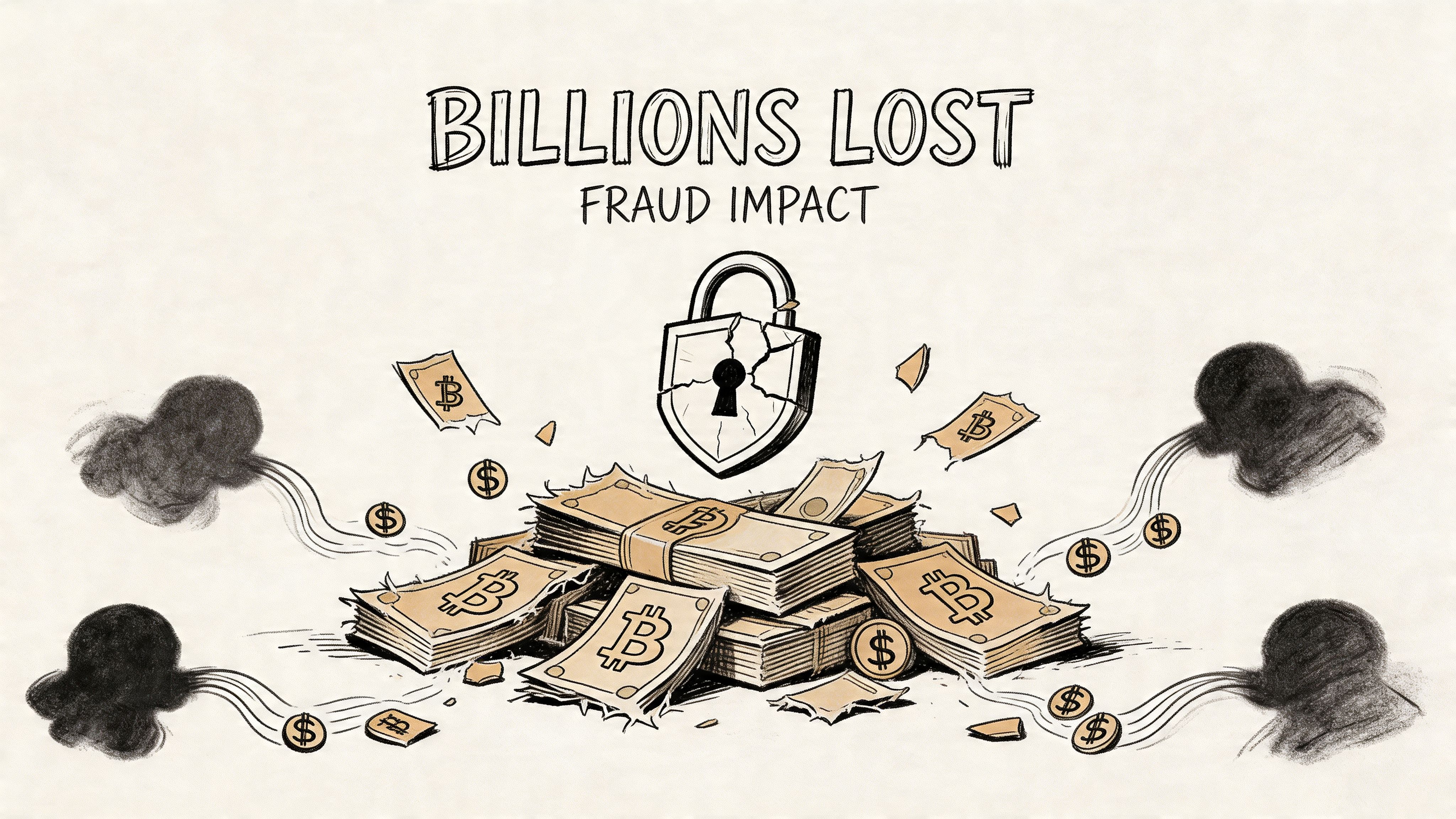 A conceptual drawing of piles of money with Bitcoin symbols and a cracked lock representing financial fraud.