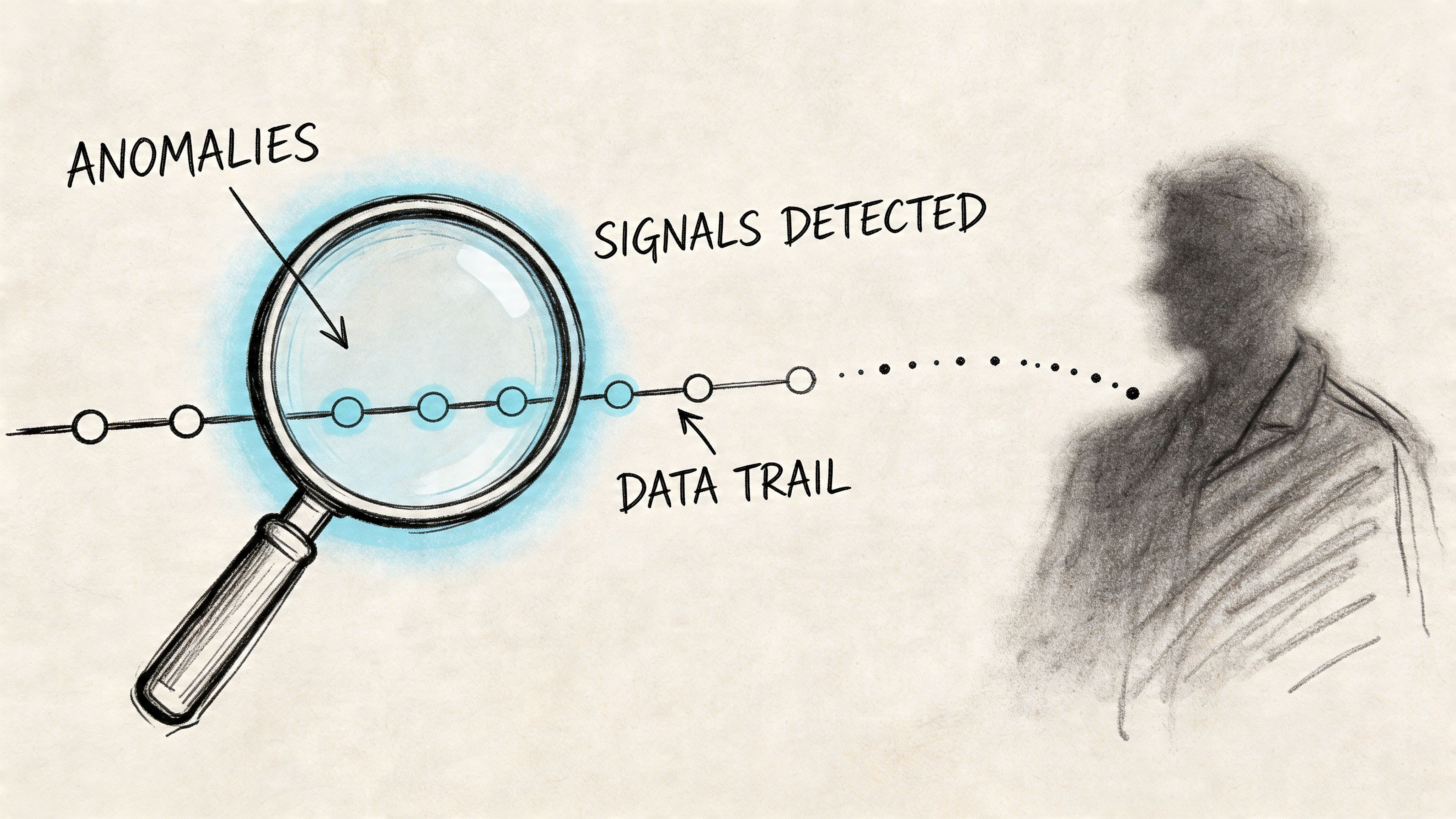 A magnifying glass examining blue data points on a digital timeline leading towards a shadowy figure.