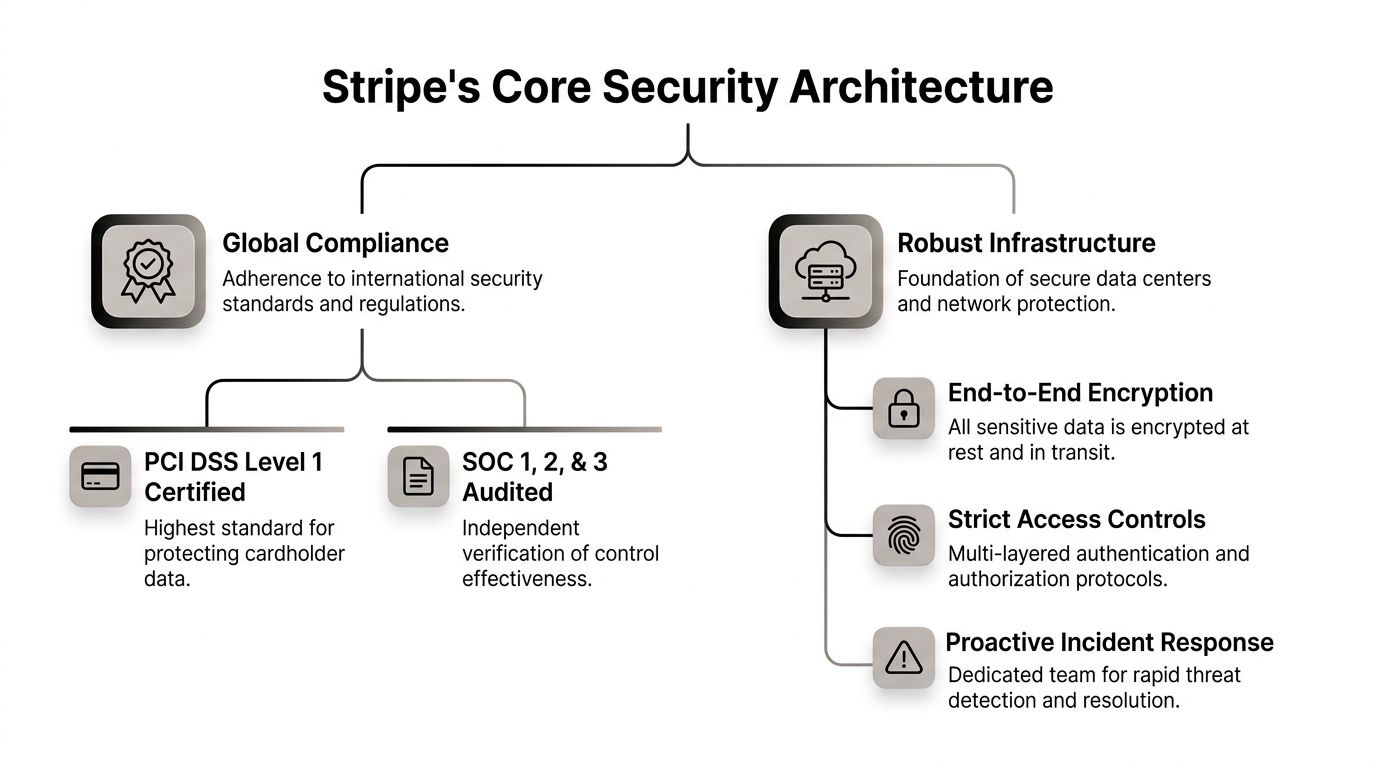 A diagram illustrating Stripe's core security architecture, including global compliance standards and robust infrastructure features.