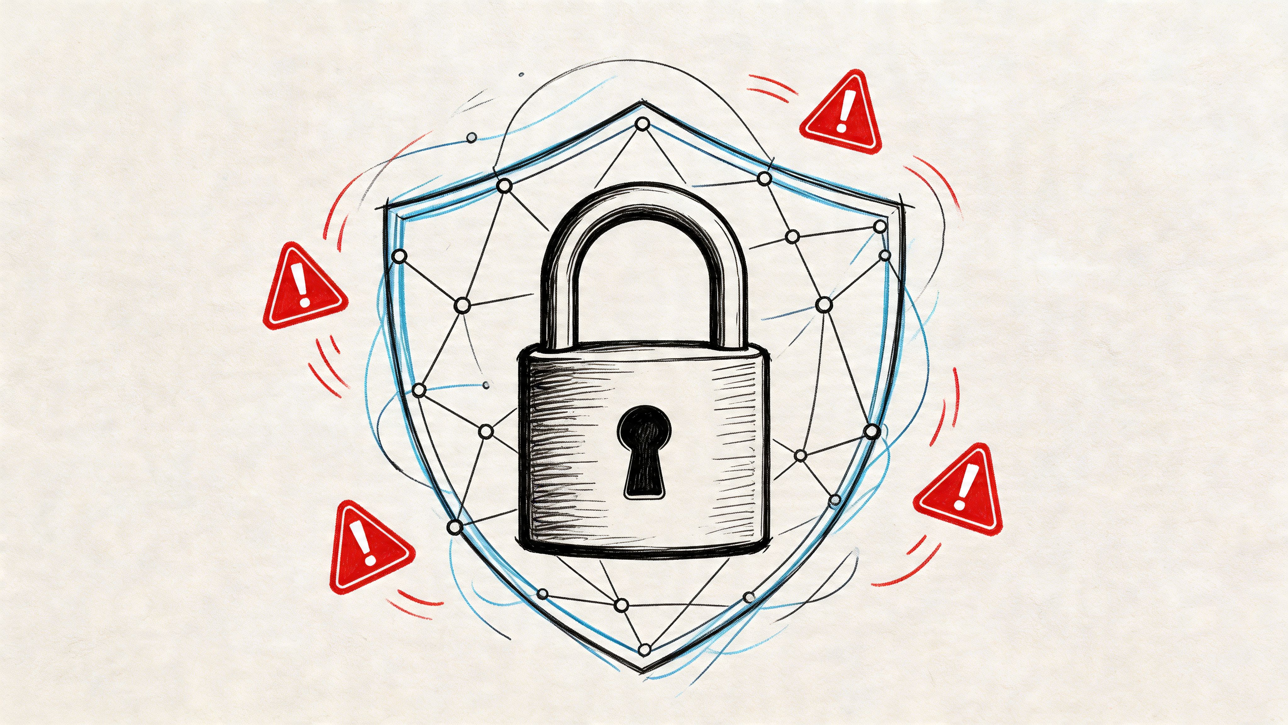 A hand-drawn digital illustration of a shield with a padlock icon surrounded by red warning alert signs.