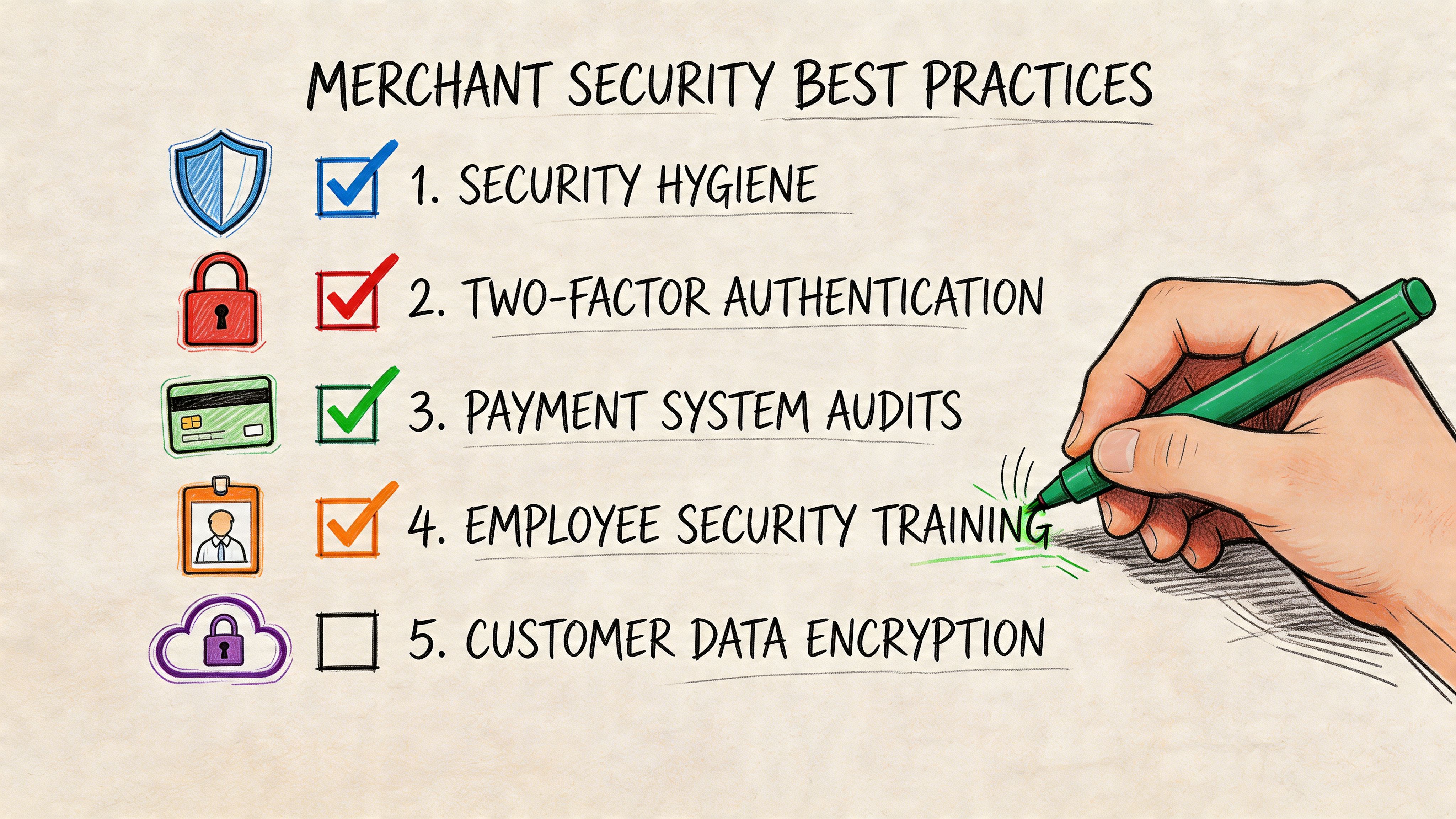 A hand holding a green marker checking off a list of merchant security best practices on paper.