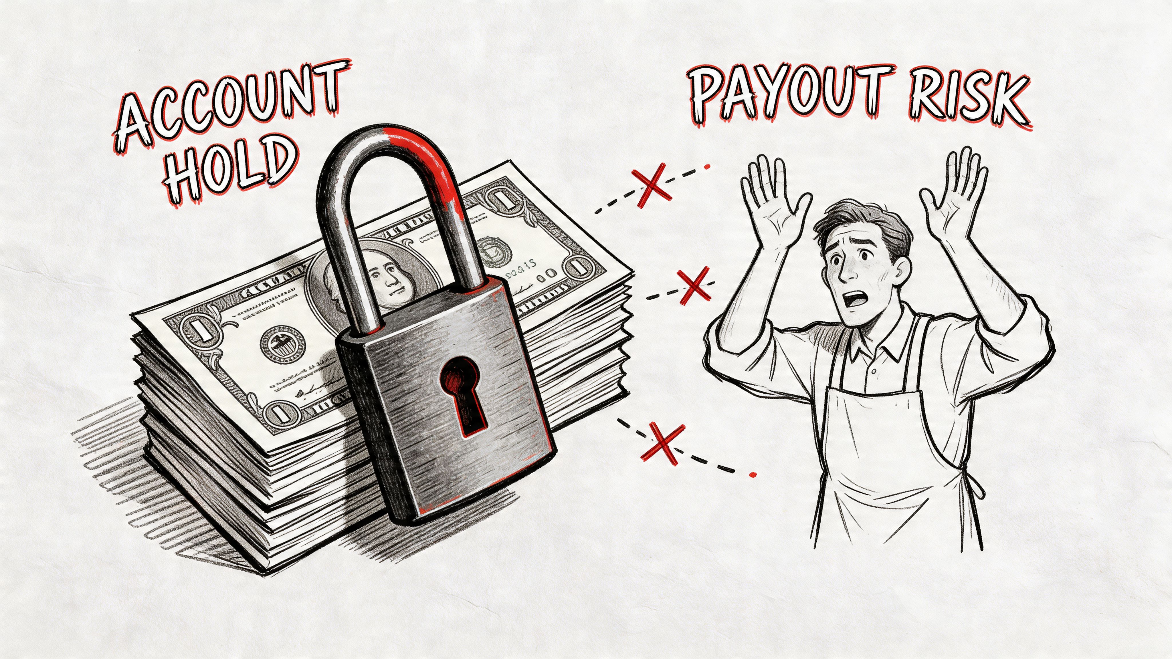 A conceptual illustration showing a stack of cash with a padlock, representing an account hold and financial risk.