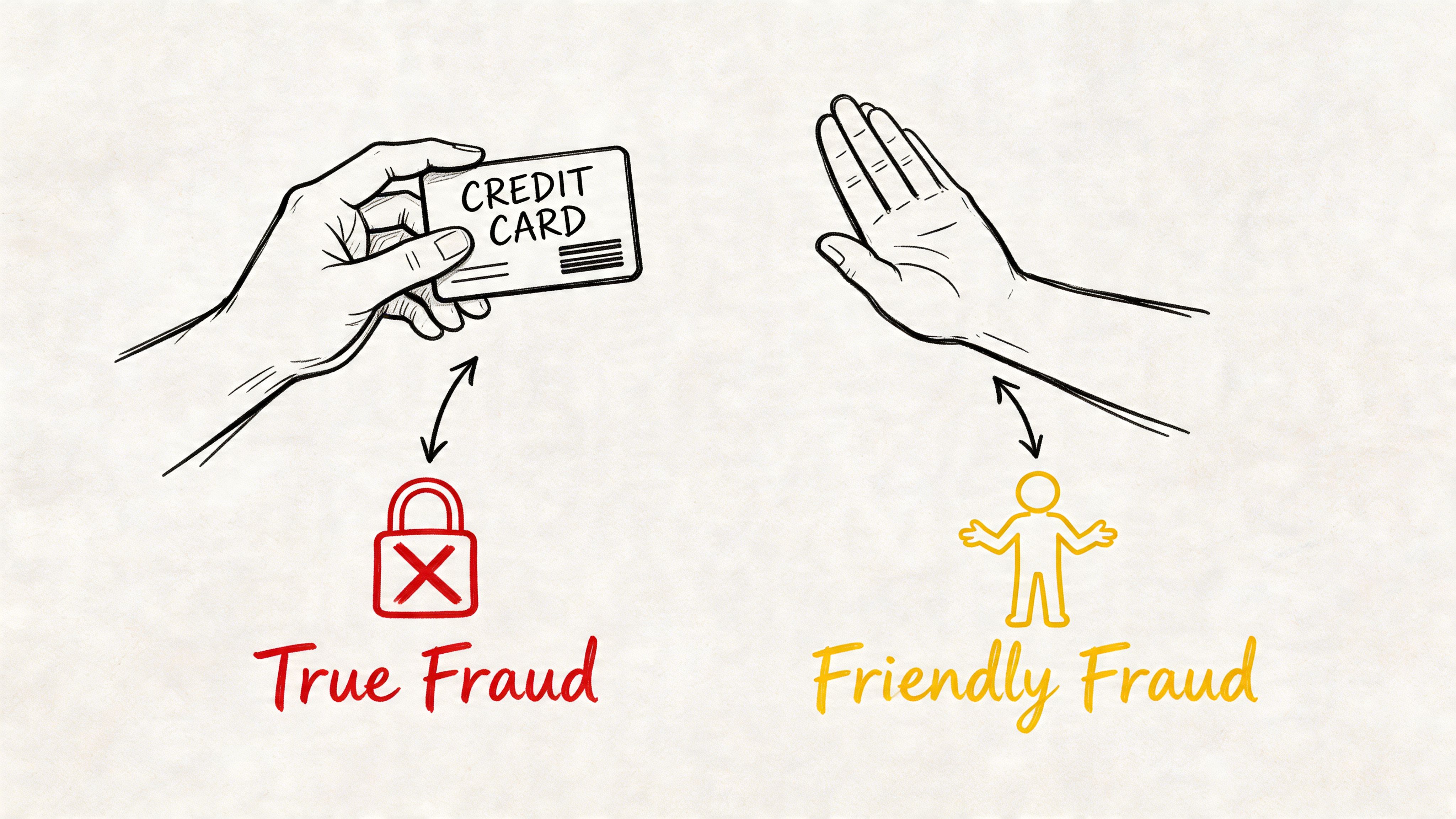 A conceptual diagram showing a hand holding a credit card representing true fraud and a hand gesturing representing friendly fraud.