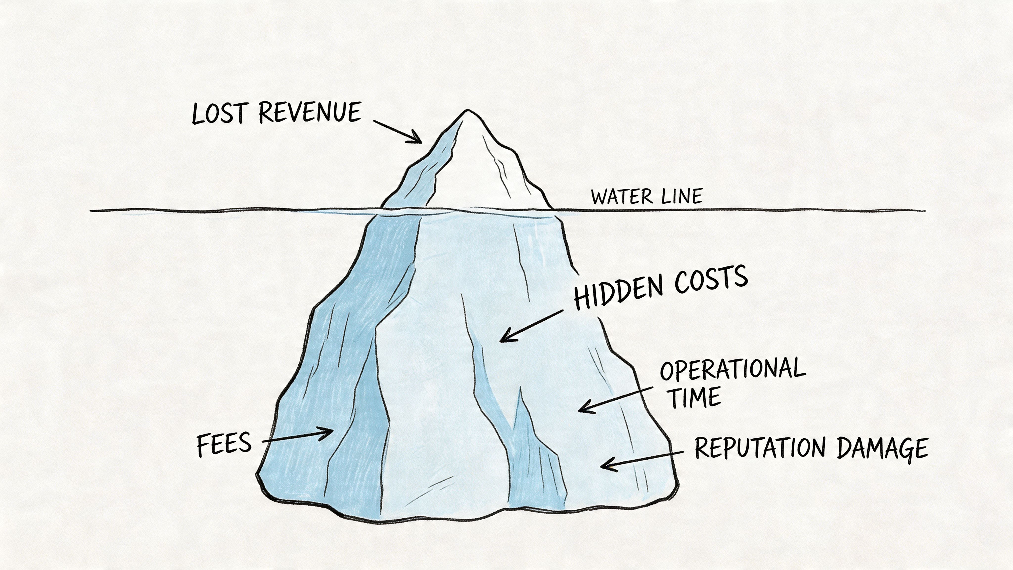 A hand-drawn iceberg diagram illustrating visible lost revenue above water and hidden costs below.