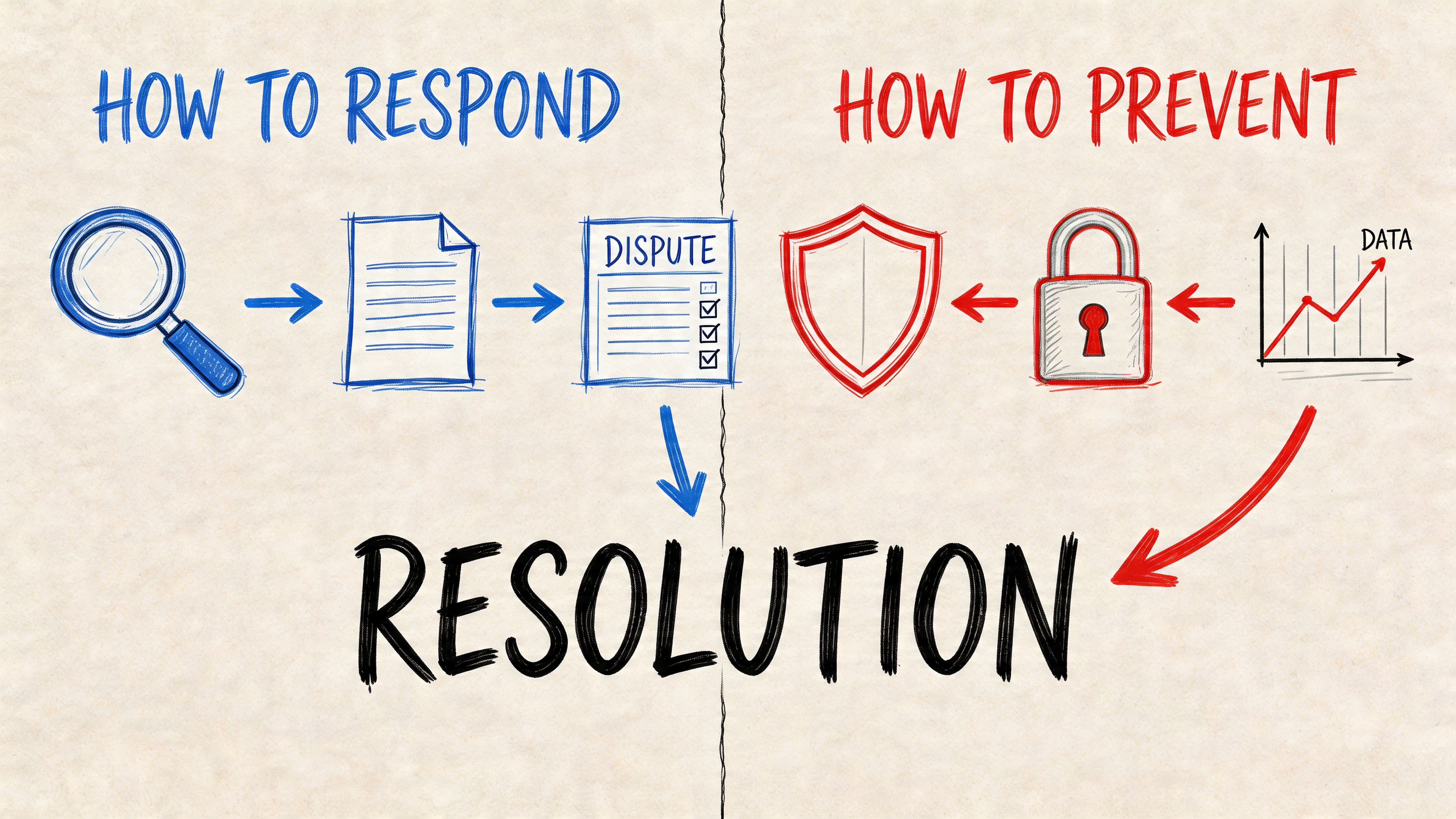 A conceptual illustration comparing methods to respond to and prevent financial disputes and chargeback data issues.