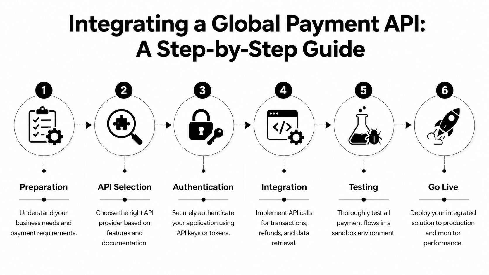 A six-step infographic guide illustrating the process of integrating a global payment API for businesses.