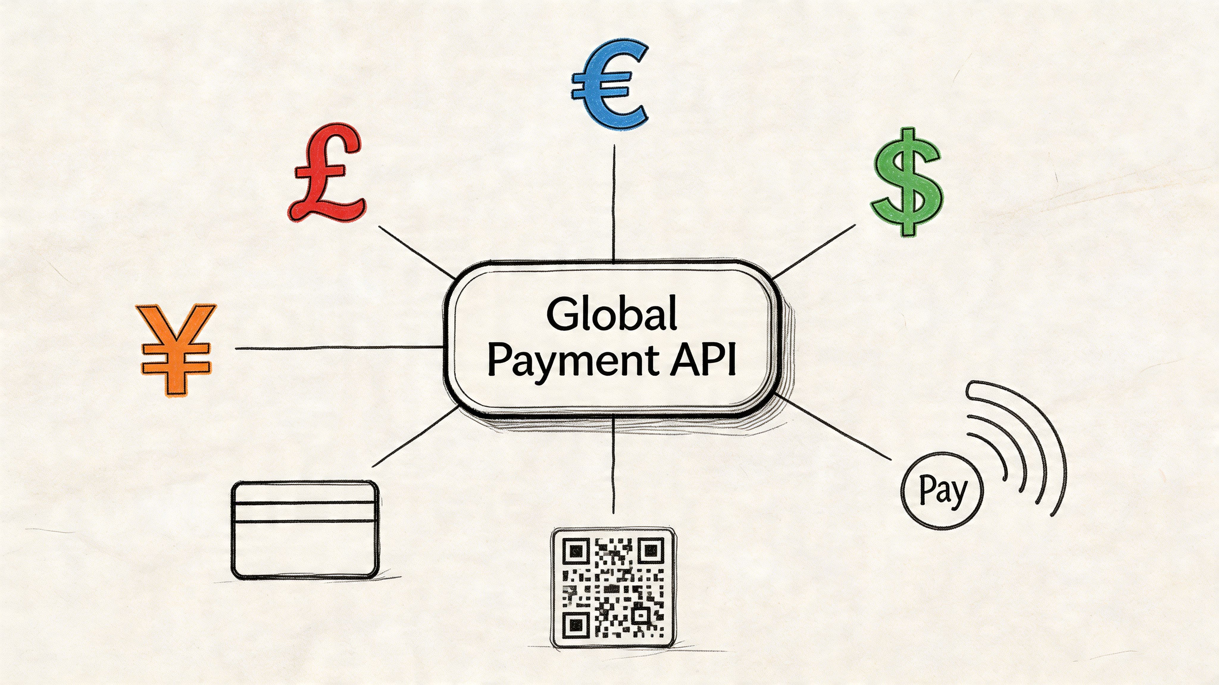 A diagram illustrating the Global Payment API connected to various international currency symbols and payment methods.