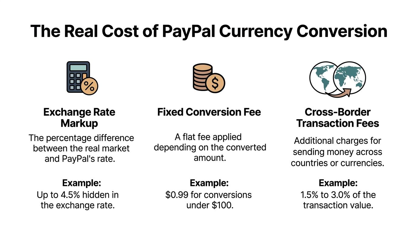 An infographic showing the three main cost components of PayPal currency conversion fees and charges.