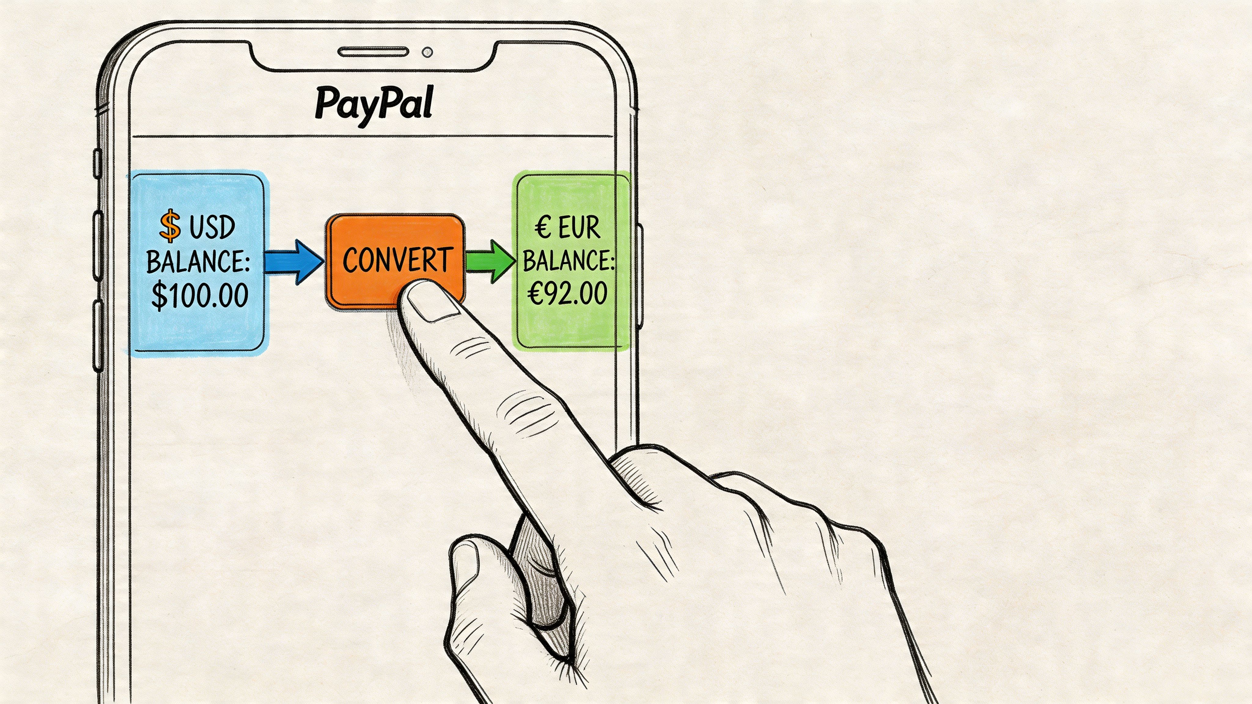 A hand touching a convert button on a smartphone screen showing a currency exchange transaction on PayPal.