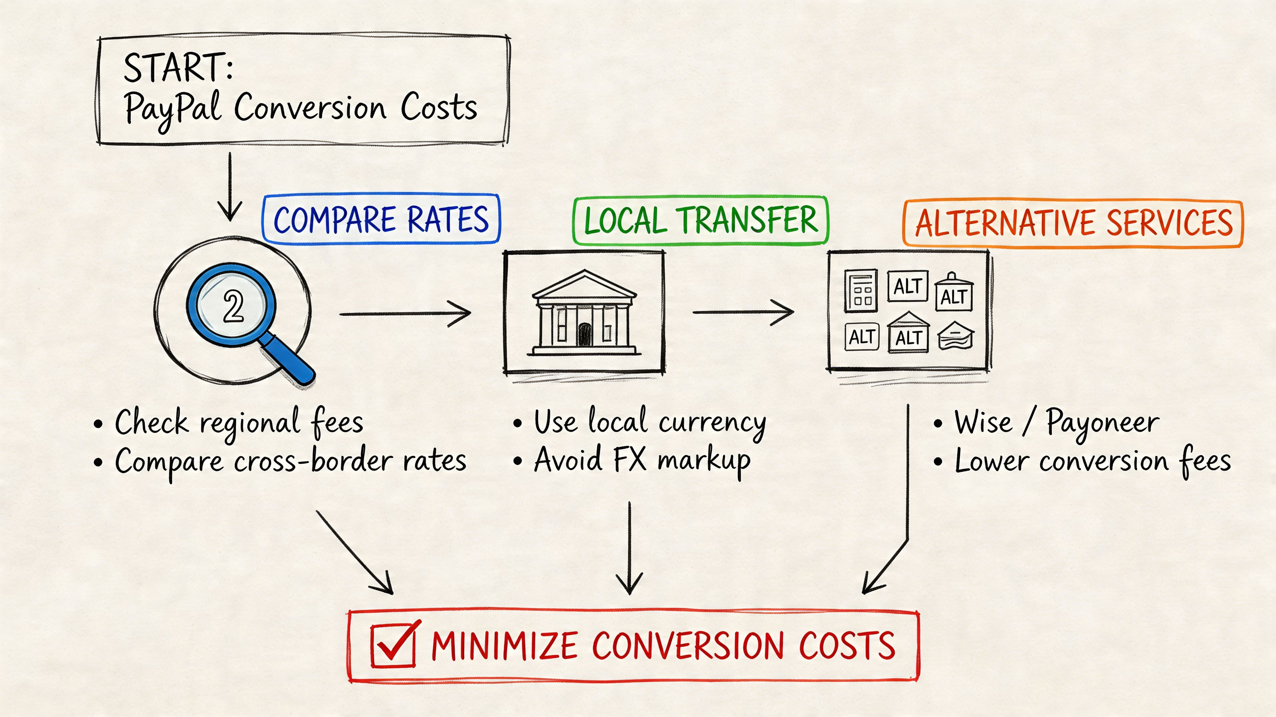 A flow chart illustrating strategies to reduce PayPal currency conversion fees by comparing rates, using local transfers, and alternative services.