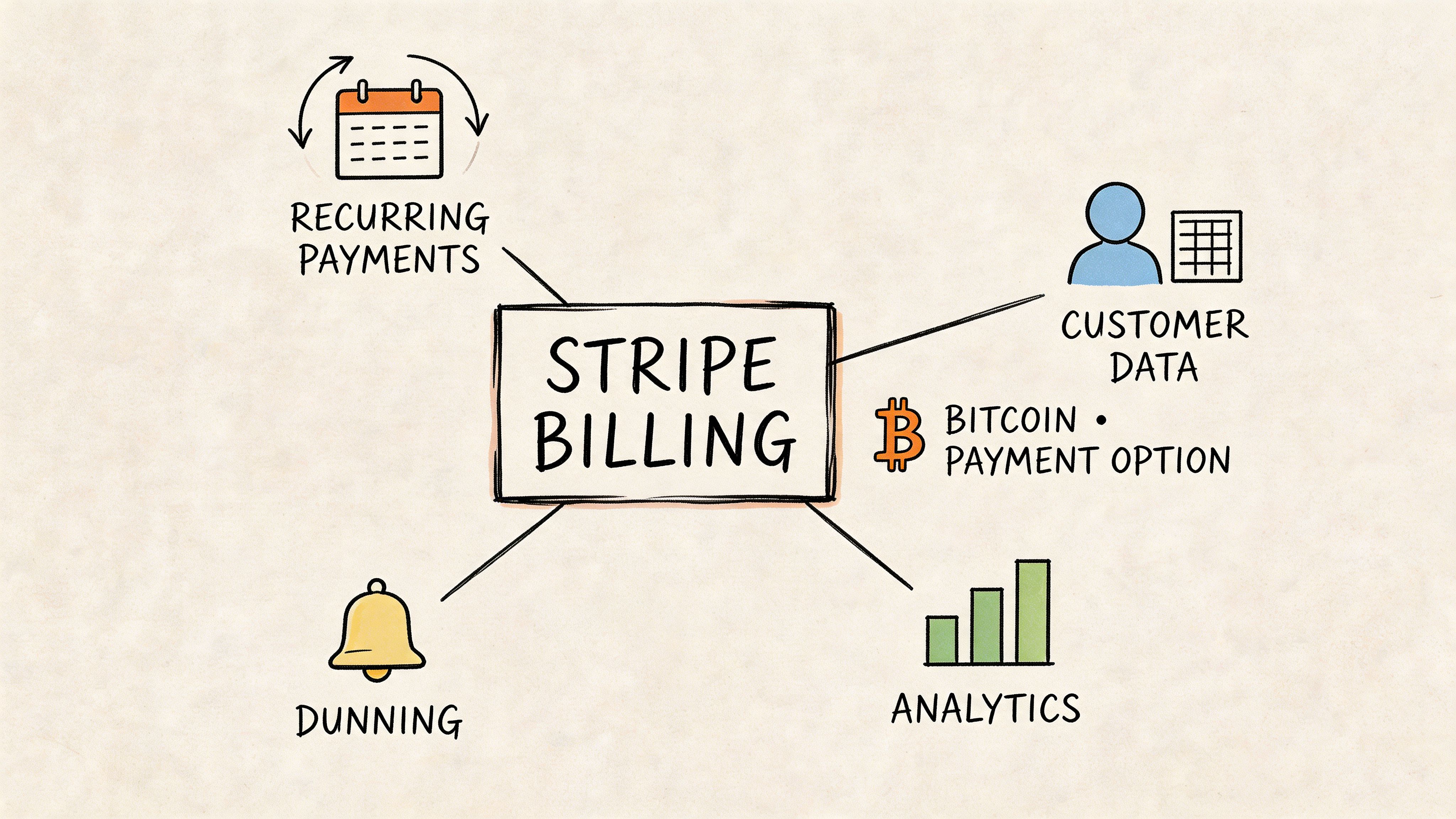 A hand-drawn illustration showing features of Stripe Billing like recurring payments, customer data, and analytics.