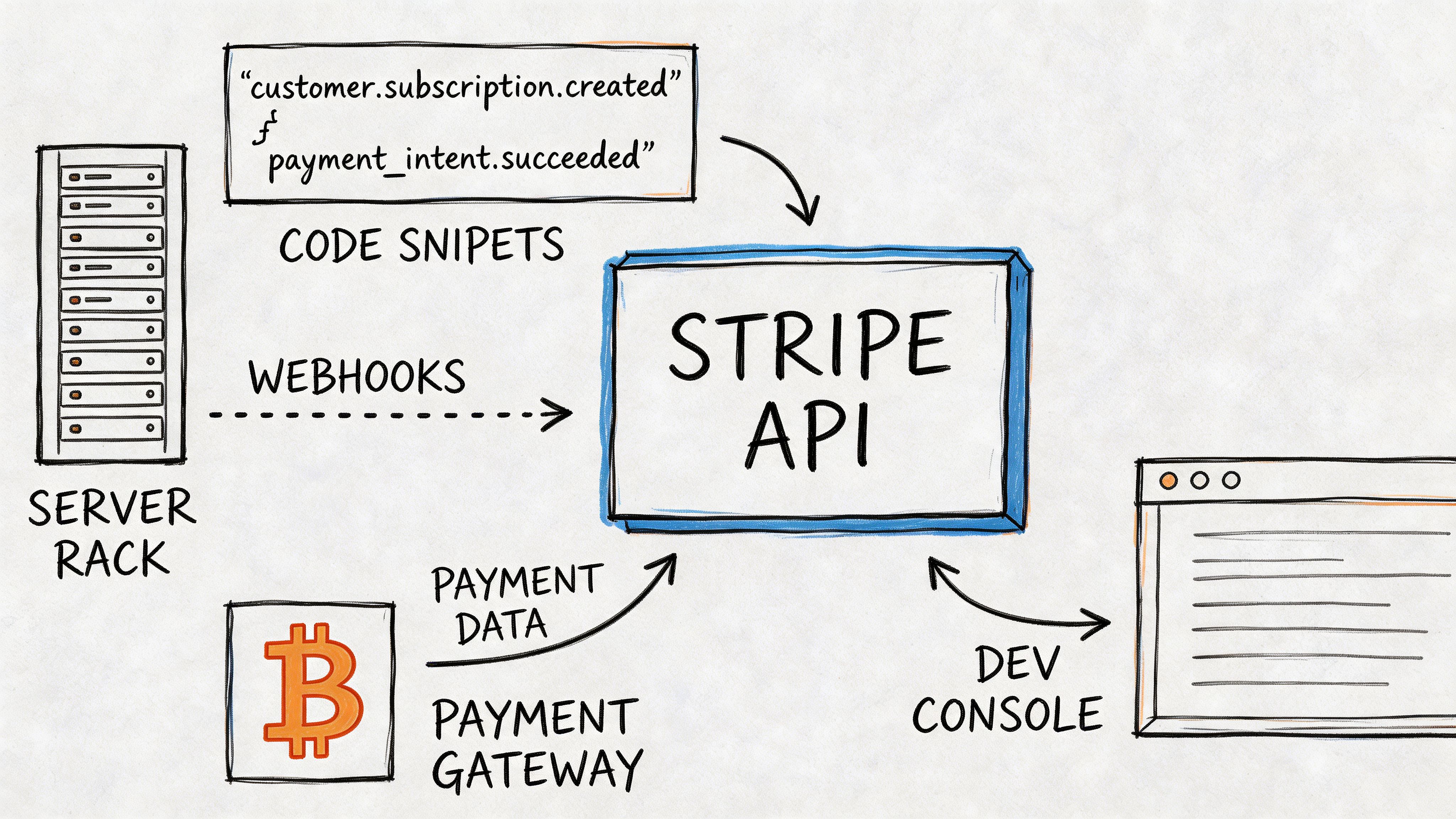 A hand-drawn illustration showing the integration process of the Stripe API for payment and subscription management services.