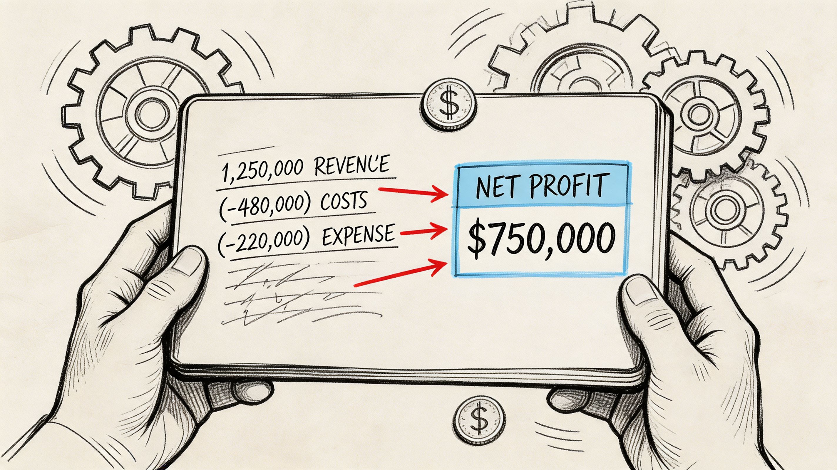 A hand-drawn illustration showing a financial calculation of revenue, costs, and expenses resulting in net profit.