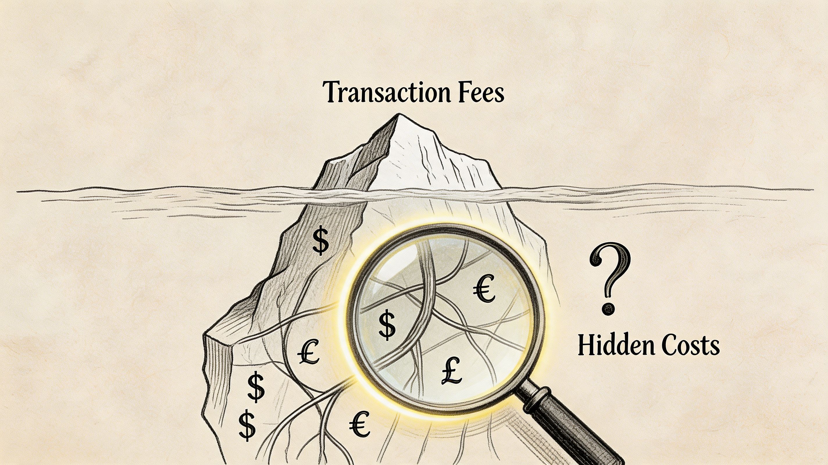 A magnifying glass reveals hidden currency symbols under an iceberg representing transaction fees and hidden costs.