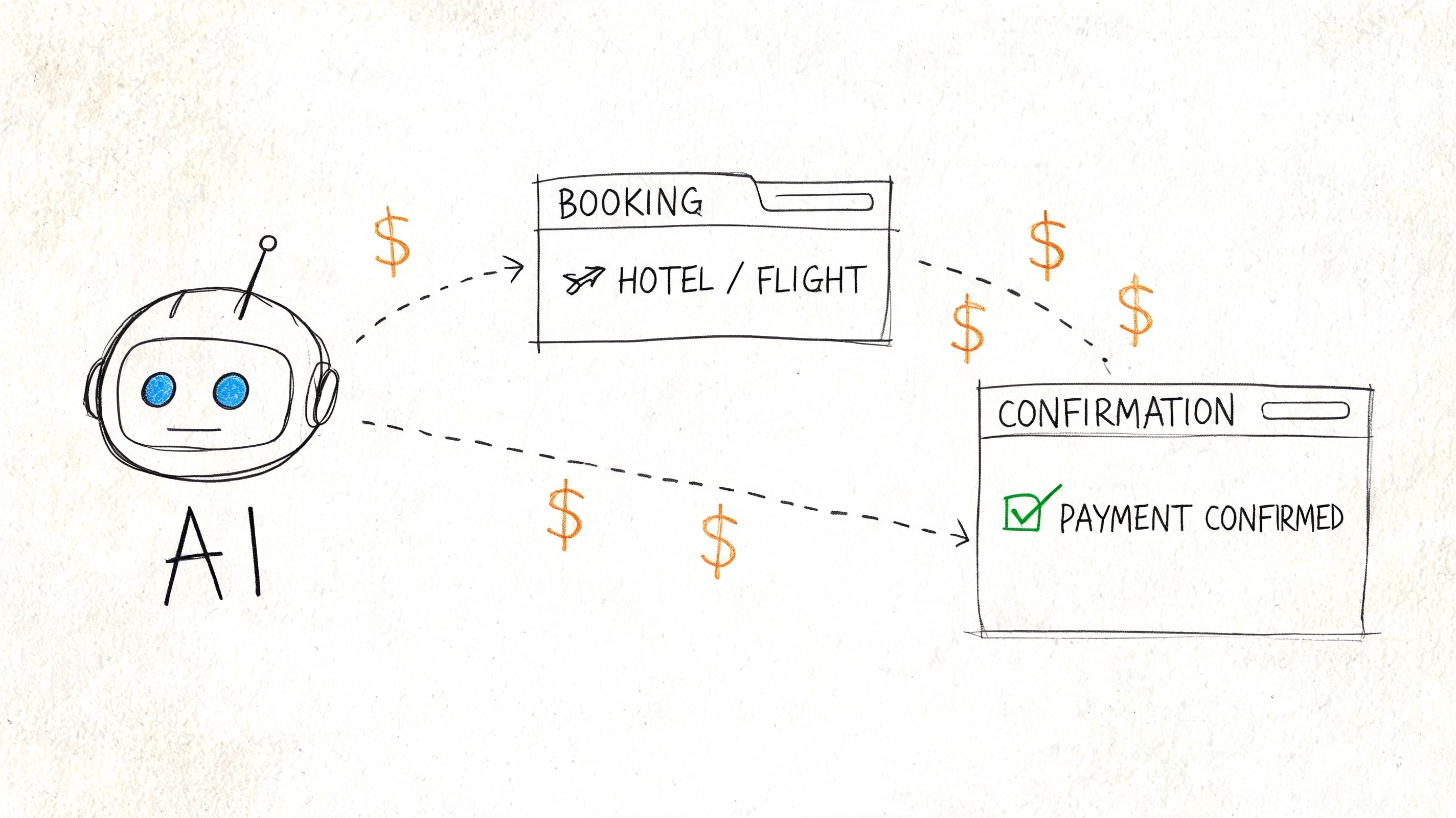 A hand-drawn illustration showing an AI robot processing travel bookings and payments to a confirmation screen.