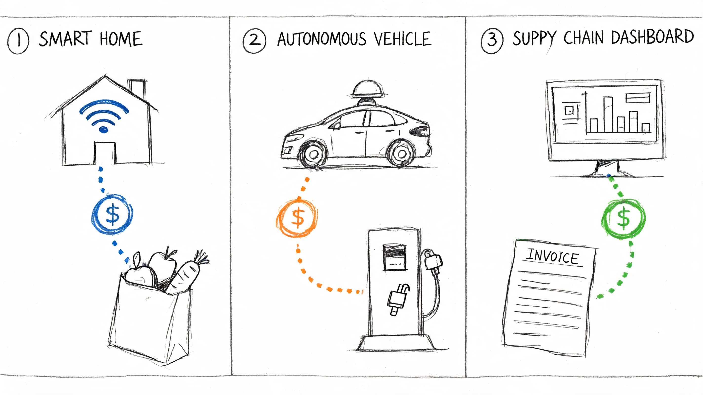 A hand-drawn illustration depicting three use cases for automated payments: smart homes, autonomous vehicles, and supply chain management.