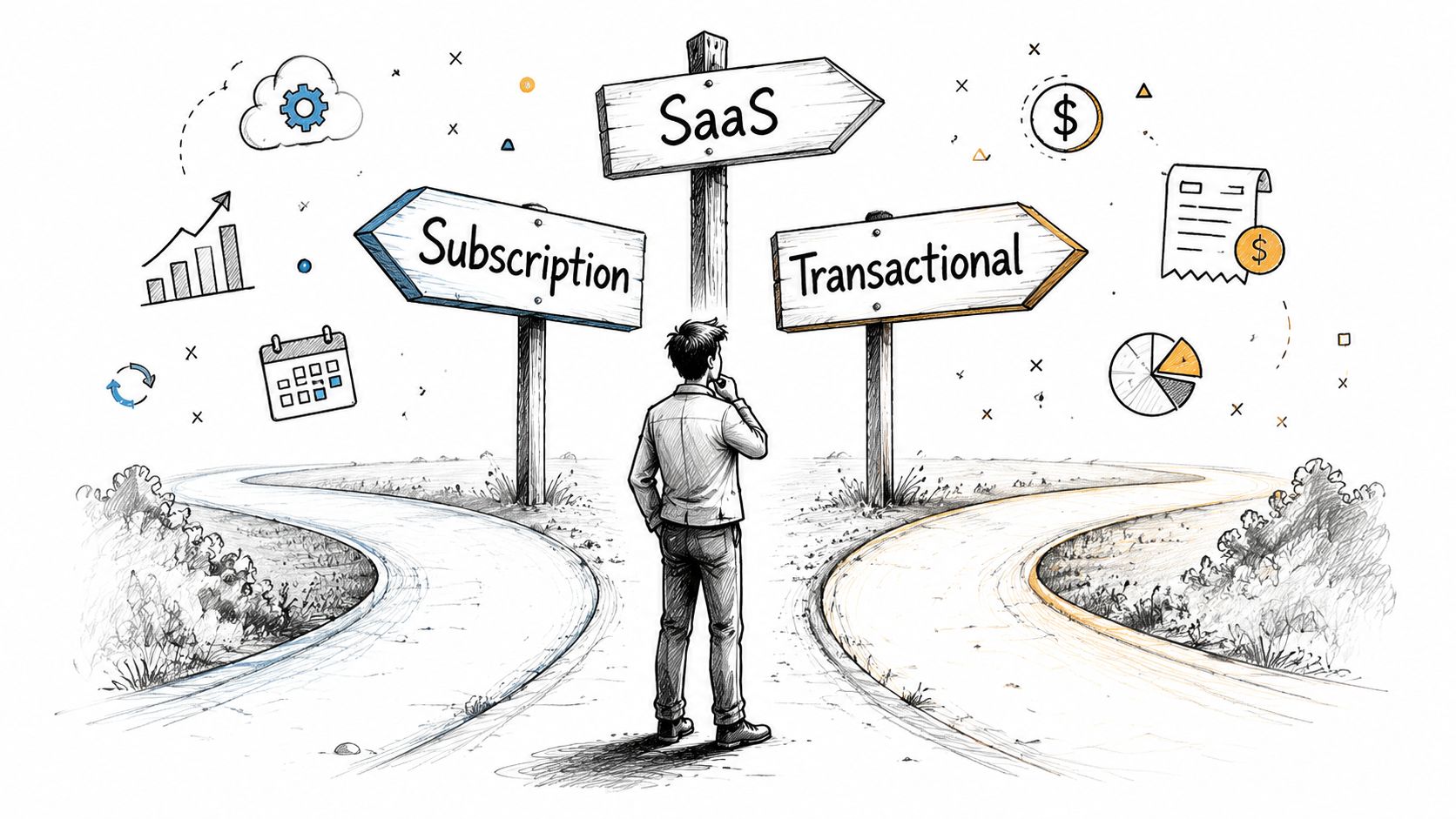 A person standing at a crossroads deciding between SaaS subscription and transactional business billing models.