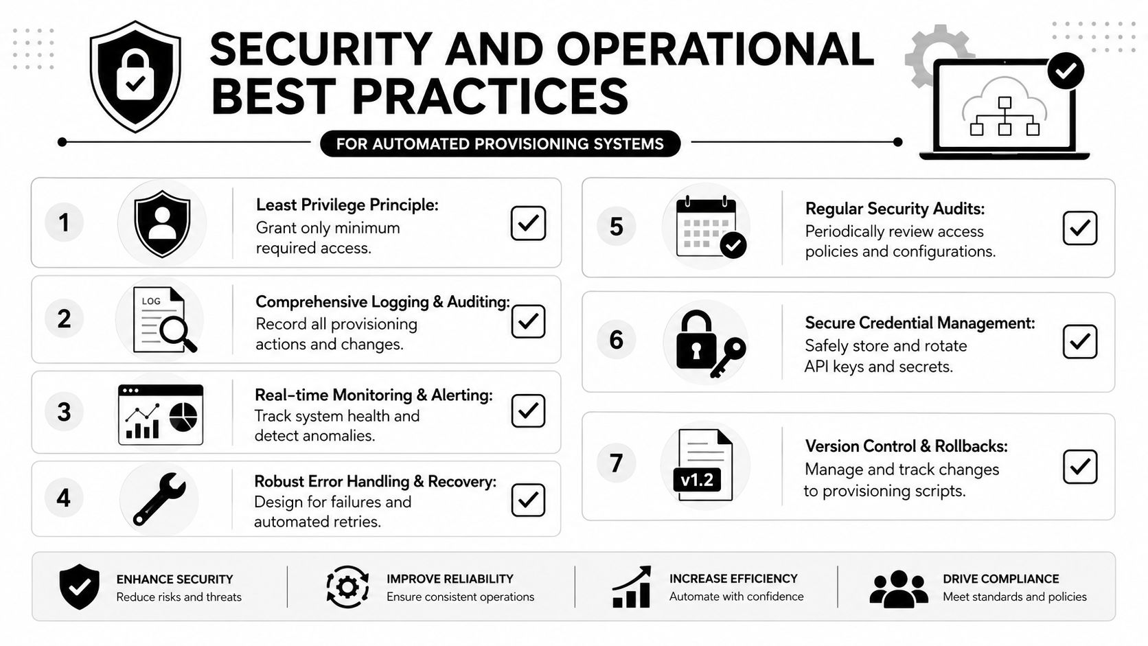 An infographic detailing seven security and operational best practices for automated provisioning systems in modern software environments.
