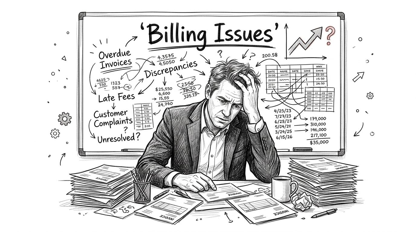 A stressed businessman sitting at a desk overflowing with paperwork in front of a complex billing issues whiteboard.