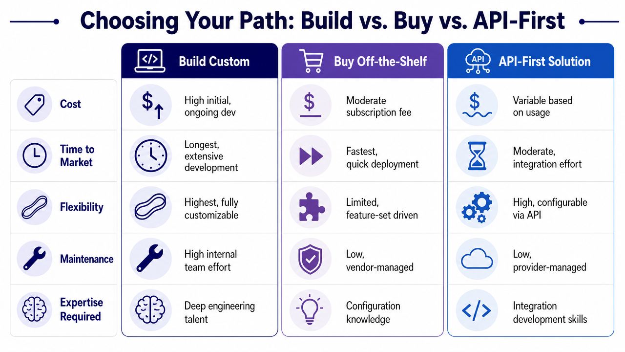 A comparison chart outlining the pros and cons of build custom, buy off-the-shelf, and API-first business solutions.