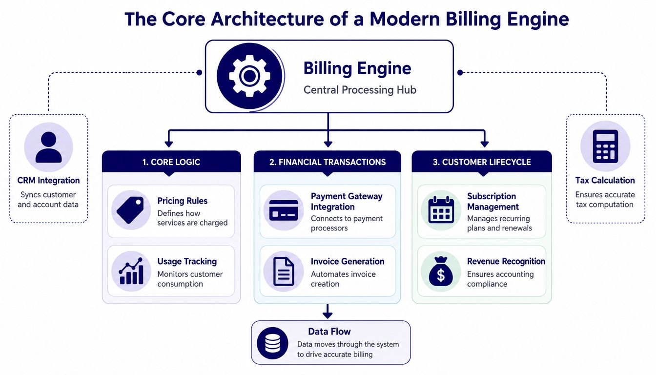A diagram illustrating the core architecture of a modern SaaS billing engine with its essential components.