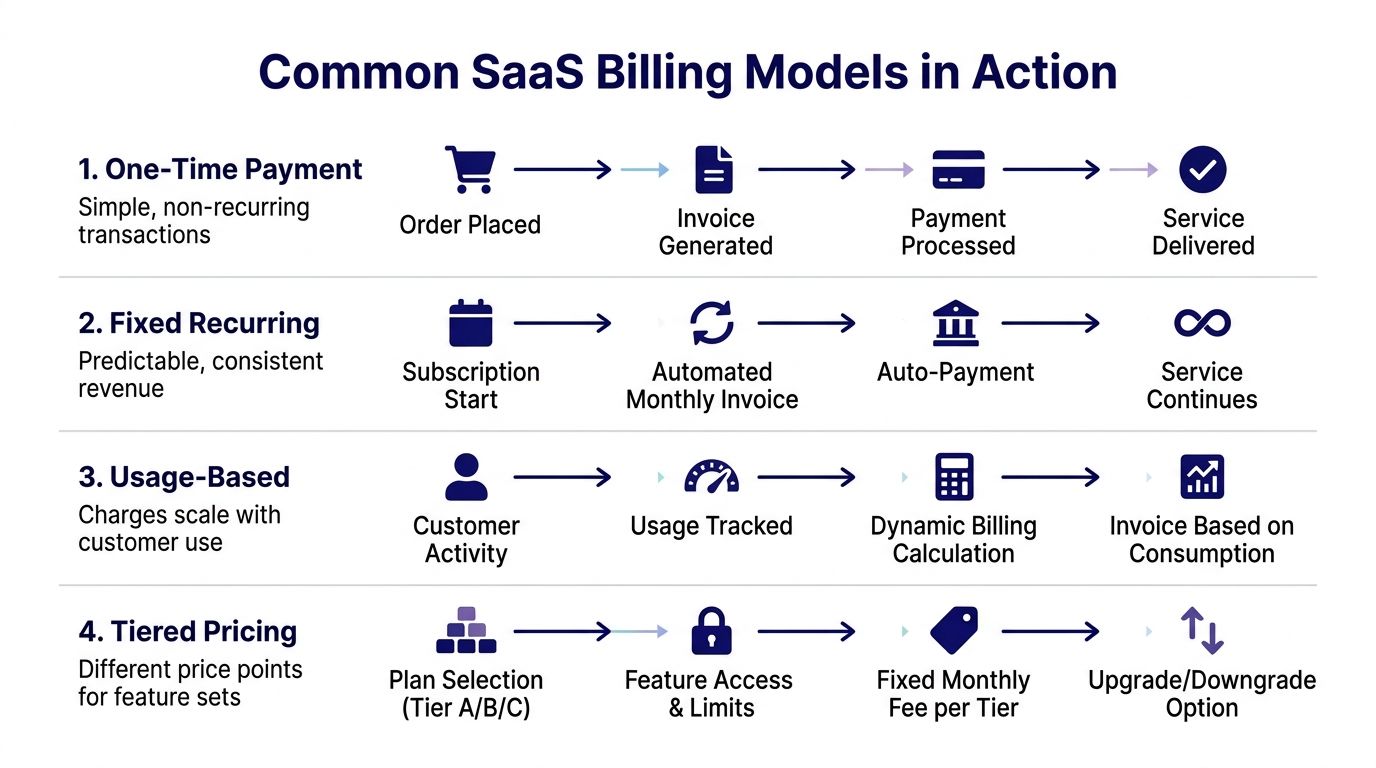 A diagram illustrating four common SaaS billing models including one-time payment, fixed recurring, usage-based, and tiered pricing.