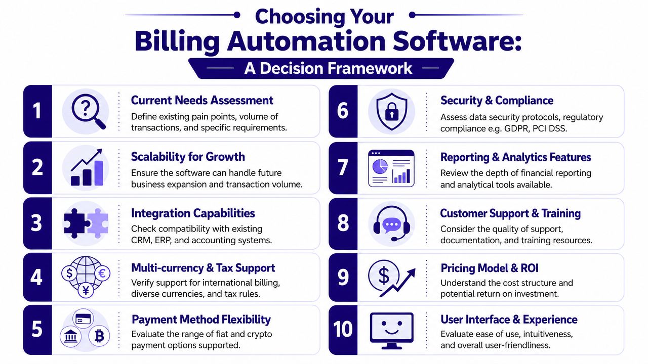 A decision framework infographic for choosing billing automation software featuring ten key evaluation criteria and icons.