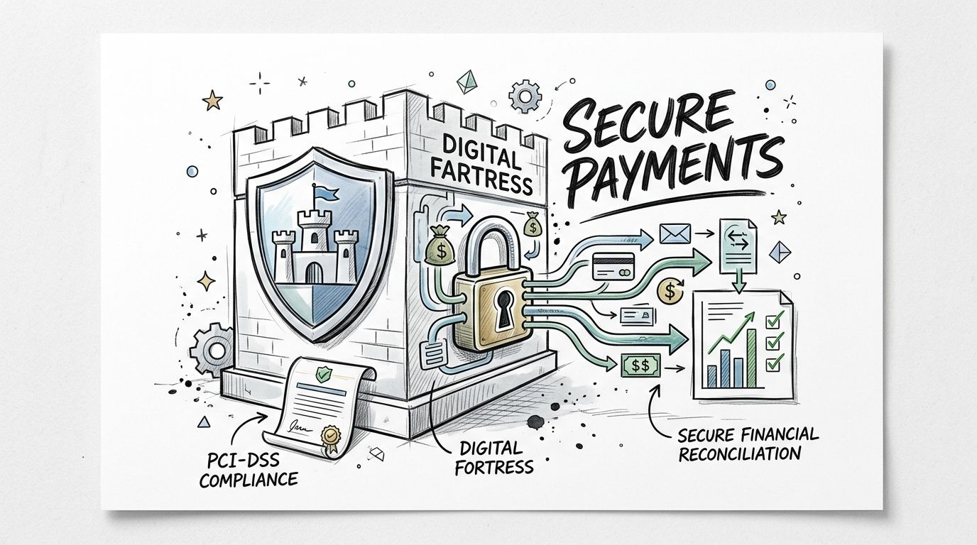 An illustrated diagram depicting a digital fortress protecting secure payments, PCI-DSS compliance, and automated financial reconciliation processes.