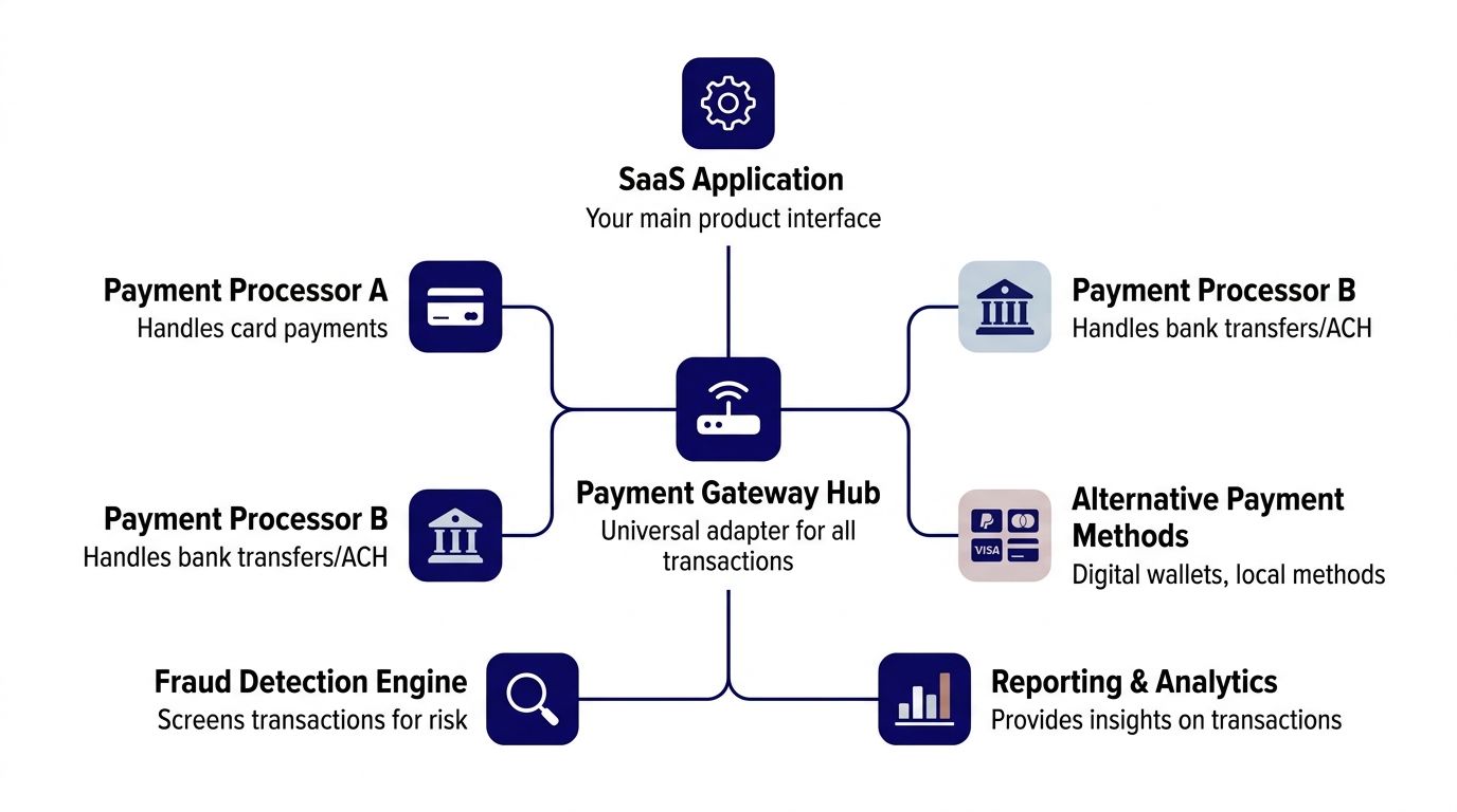 A diagram illustrating a centralized SaaS payment gateway hub connected to various payment processors, security, and analytics tools.