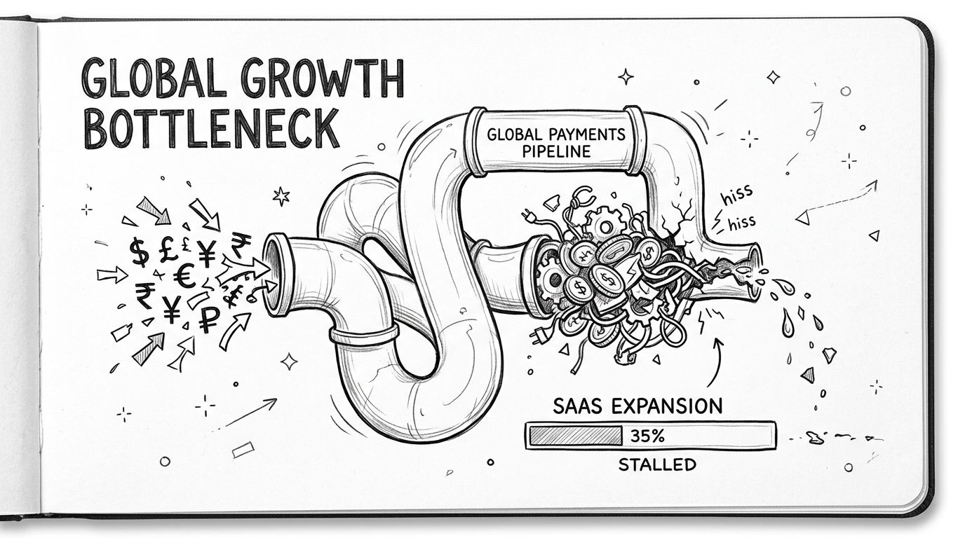 A hand-drawn illustration depicting a clogged global payments pipeline with international currency symbols, representing SaaS growth bottlenecks.