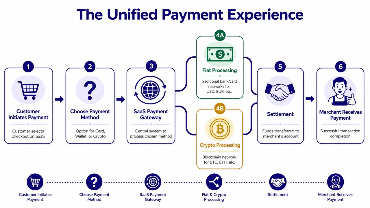 A diagram illustrating the unified payment experience flow from customer initiation to final merchant settlement.