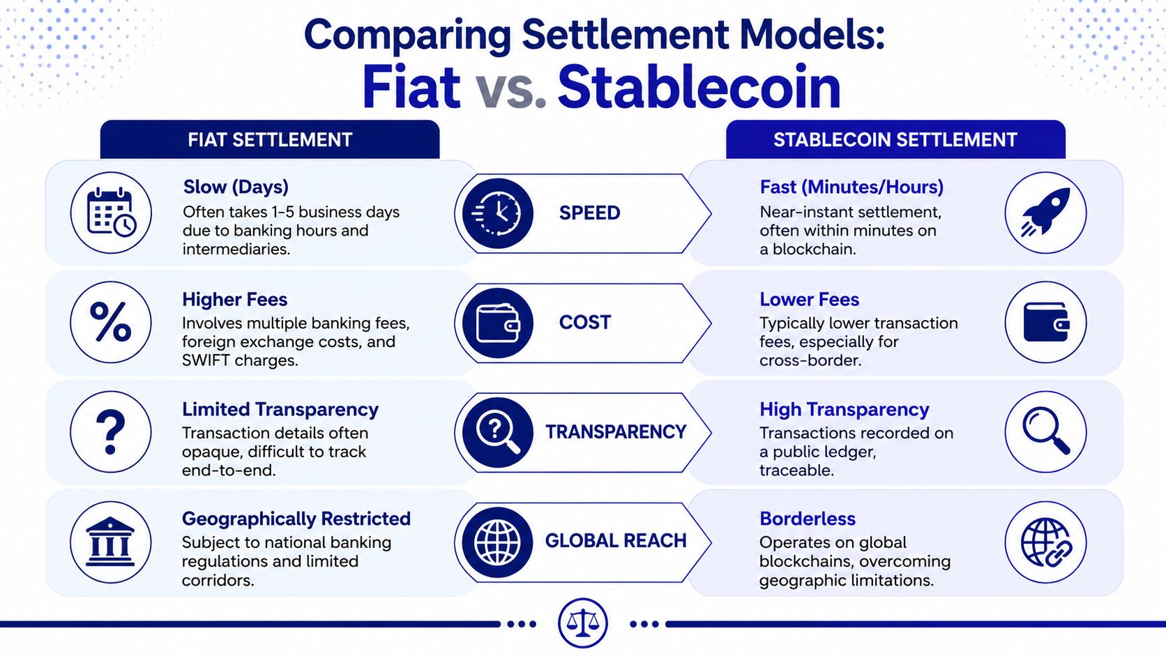 A comparison chart showing the differences between traditional fiat settlement and modern stablecoin transaction models.