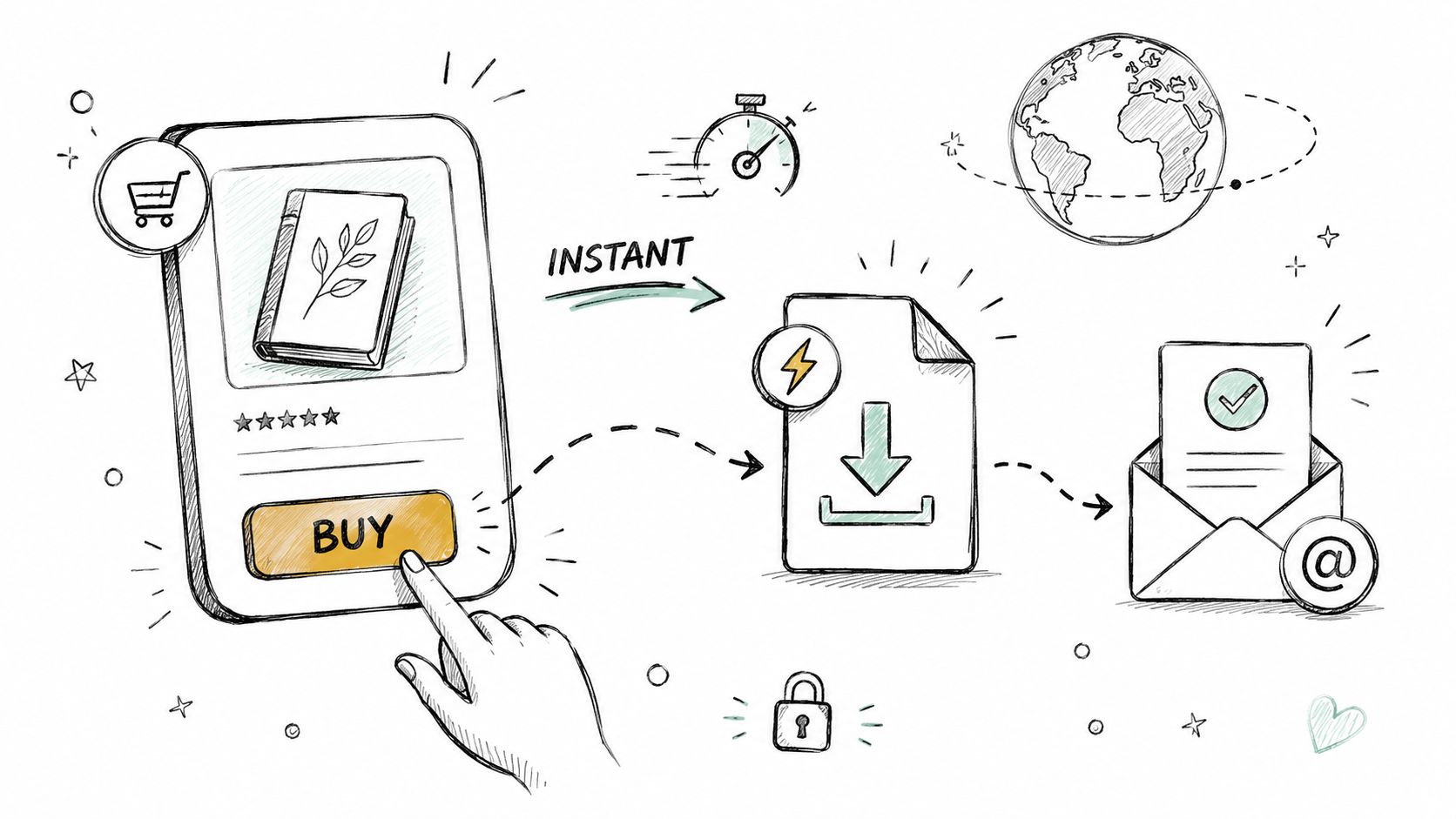 A hand pressing a buy button on a smartphone to trigger an instant digital product download via email.