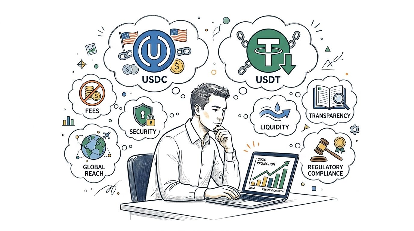 A professional analyzing stablecoin options like USDC and USDT for SaaS payment integration and business growth.