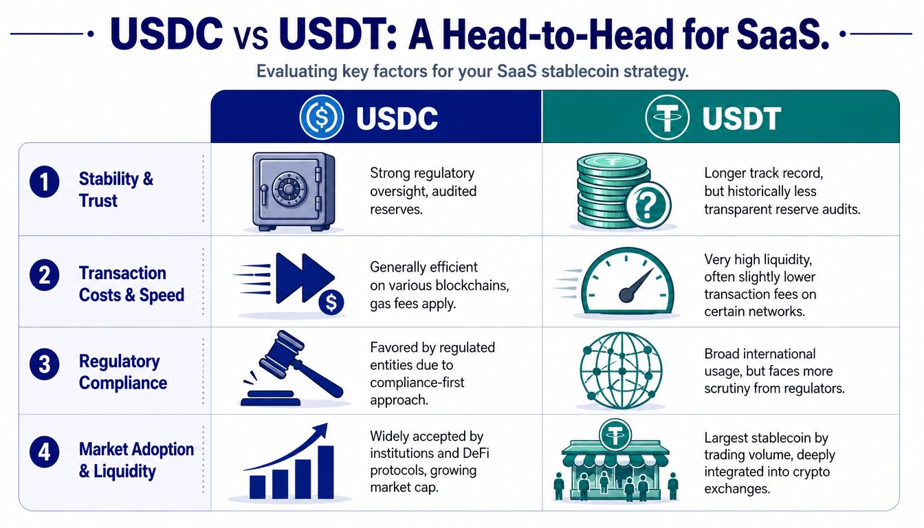 A comparison chart outlining key differences between USDC and USDT stablecoins for SaaS business strategies.
