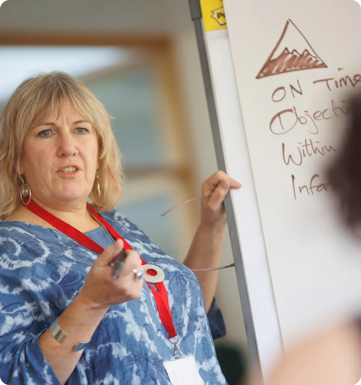 Woman in a blue patterned shirt and red lanyard speaking while holding a marker near a whiteboard with handwritten notes and a mountain drawing.