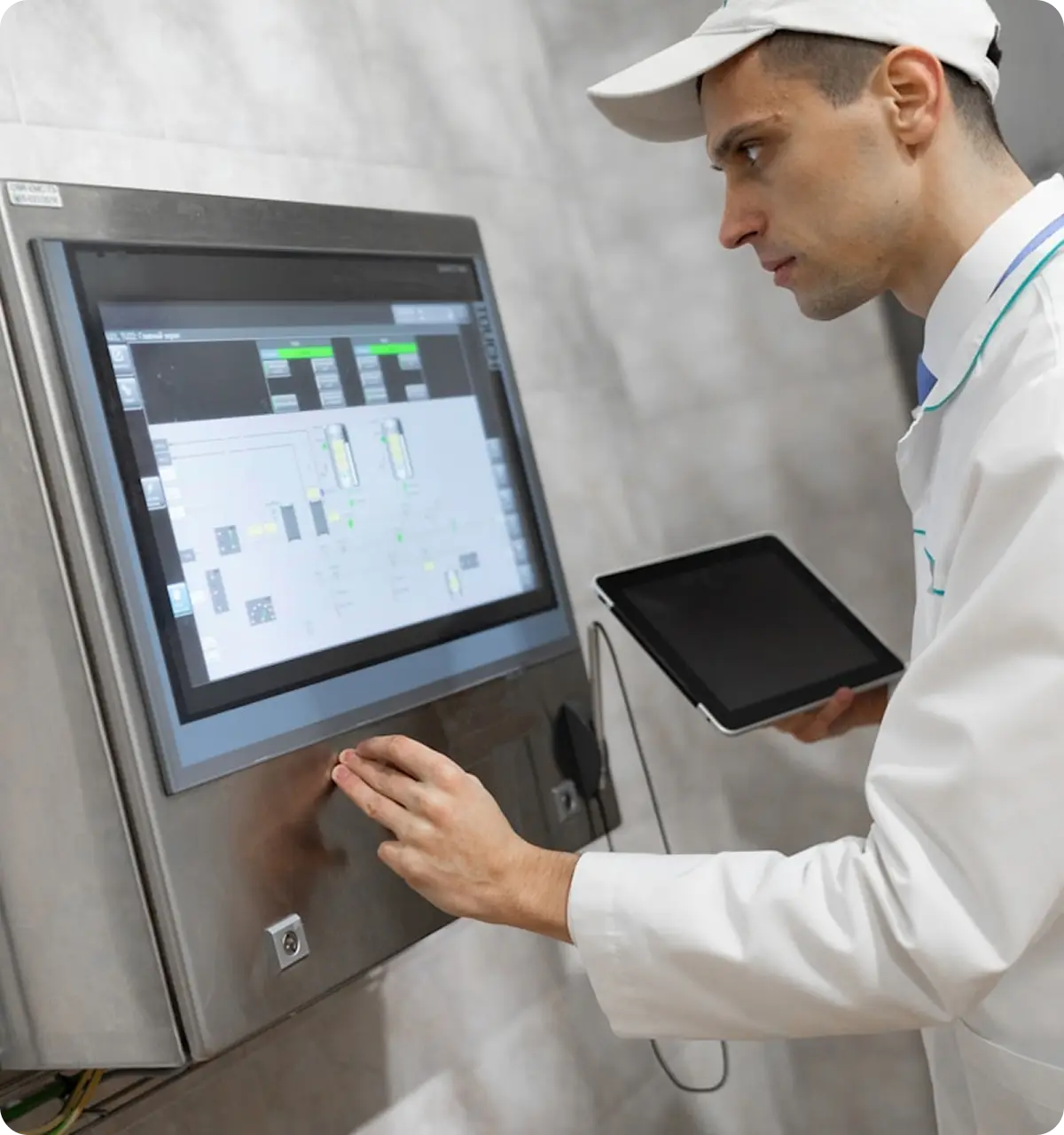 Technician in a white lab coat and cap operating a touchscreen control panel while holding a tablet.
