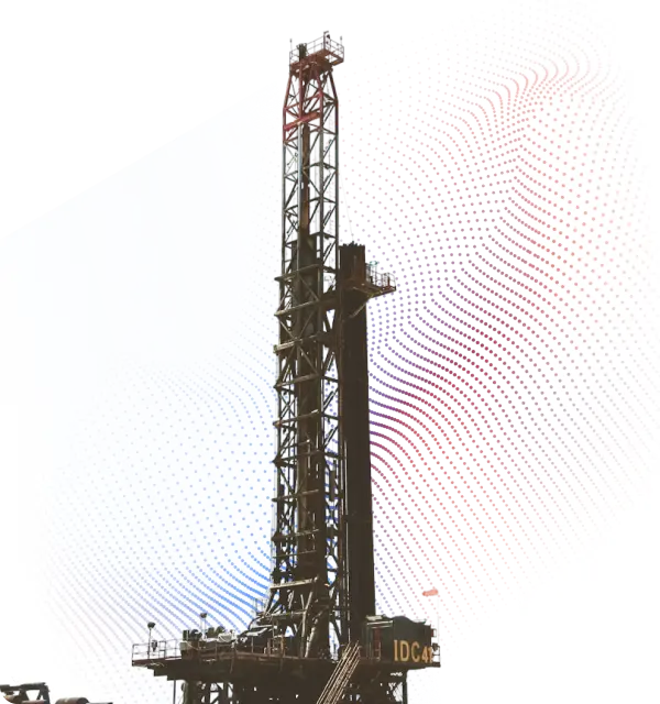 Tall industrial drilling rig with a solid base and metal framework extending upward against a white background with red and blue dot patterns.