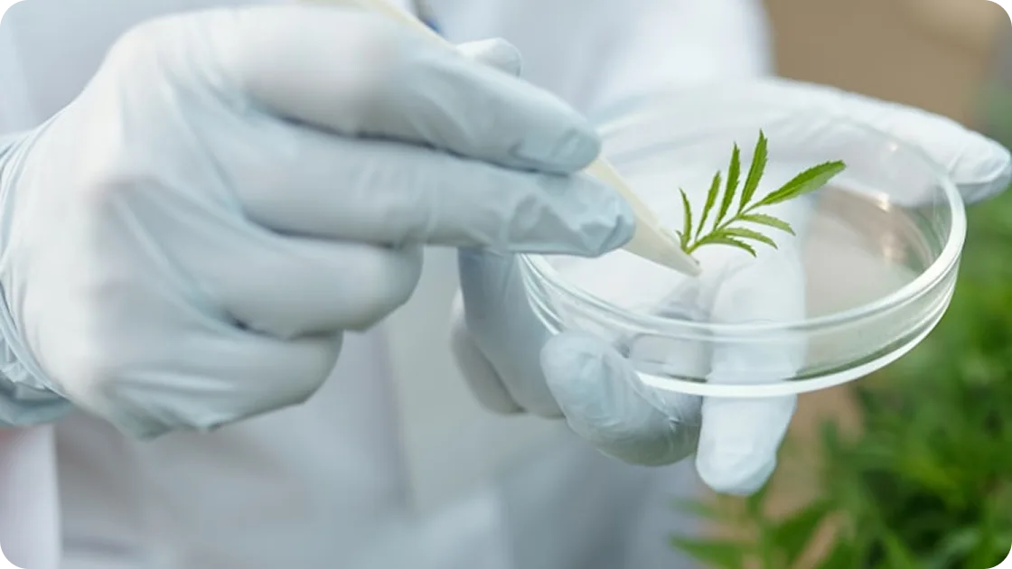 Lab technician wearing gloves using a pipette to place a small green leaf in a clear petri dish.