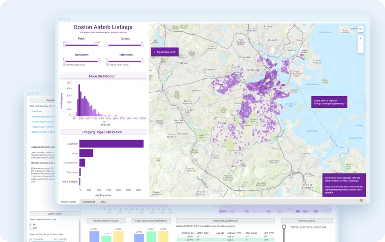 Interactive map of Boston displaying Airbnb listings with purple markers, alongside charts showing price distribution and property types.