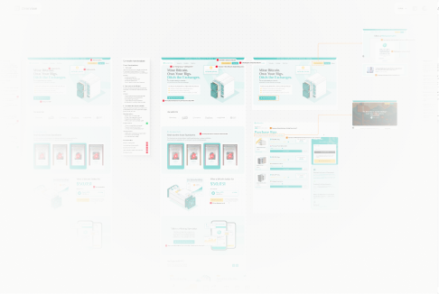 Low-fidelity wireframe mockups showing a webpage layout for a cryptocurrency wallet app with sections for wallet features, user profiles, pricing, and purchase options.