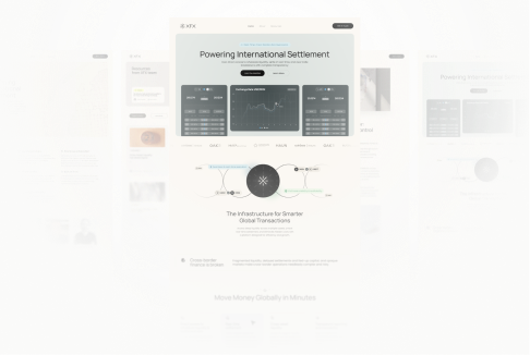 Diagram showing infrastructure for global cross-border transactions with charts, currency connections, and a central processing hub.