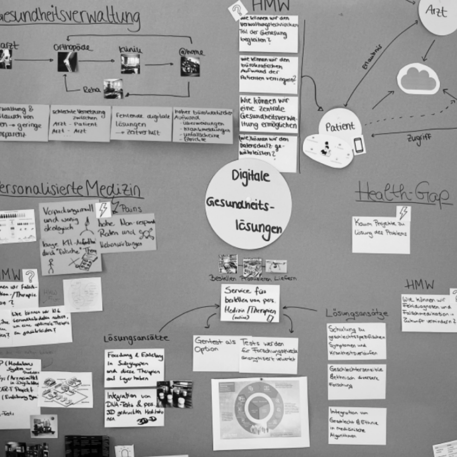 Whiteboard with handwritten German notes, diagrams, and photos discussing digital health solutions and personalized medicine.