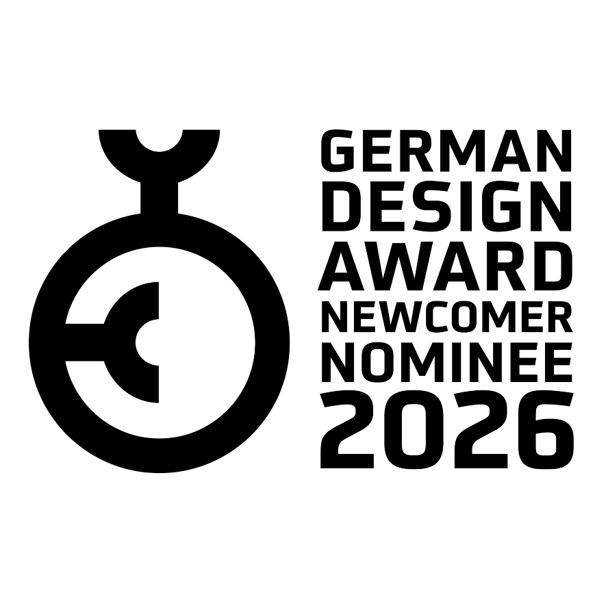 Logo with text German Design Award Newcomer Nominee 2026.
